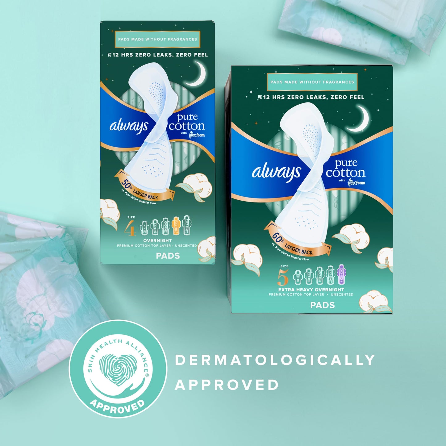 Always Pure Cotton Feminine Pads for Women, Size 4, with Wings, Unscented, 28 Count