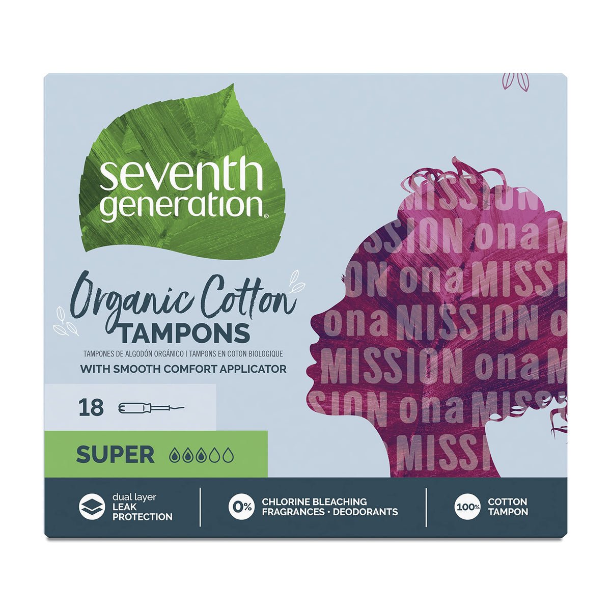 Seventh Generation Tampons with Comfort Applicator Super Absorbency Organic Cotton Tampons 18 Count, Pack of 6