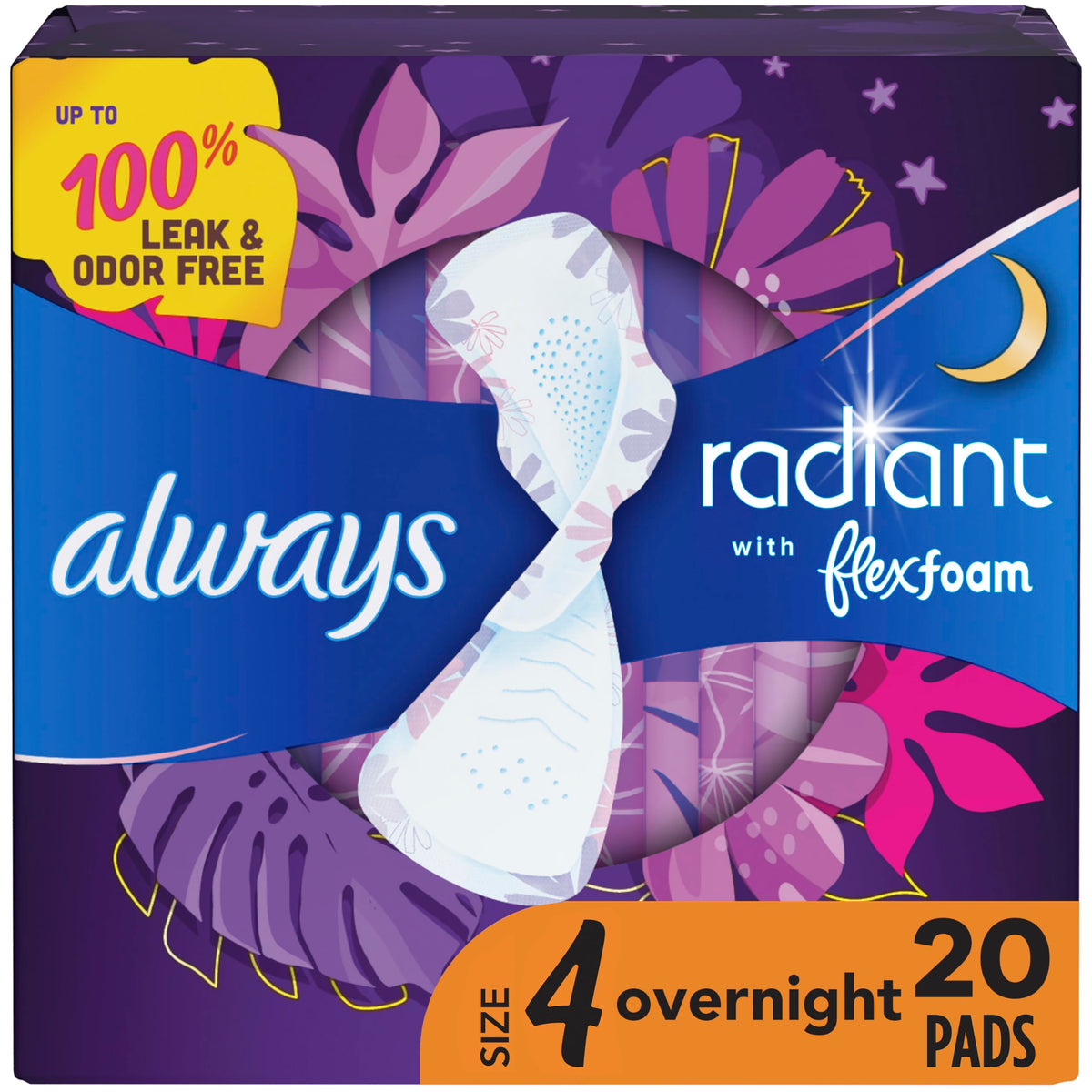 Always Radiant Pads, Size 4, Overnight Absorbency, Scented, 20 Count