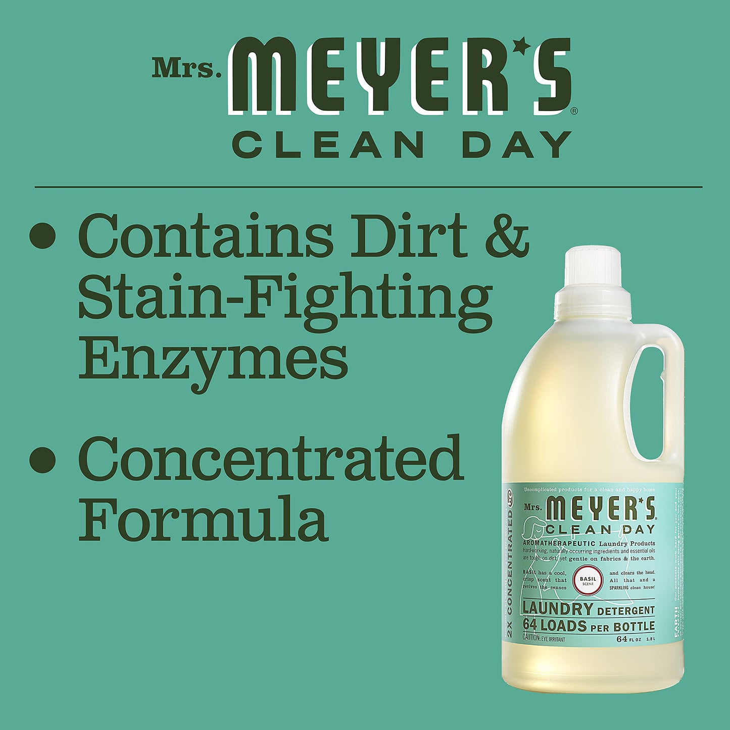MRS. MEYER'S CLEAN DAY Liquid Laundry Detergent, Biodegradable Formula Infused with Essential Oils, Basil, 64 oz - Pack of 2 (128 Loads)