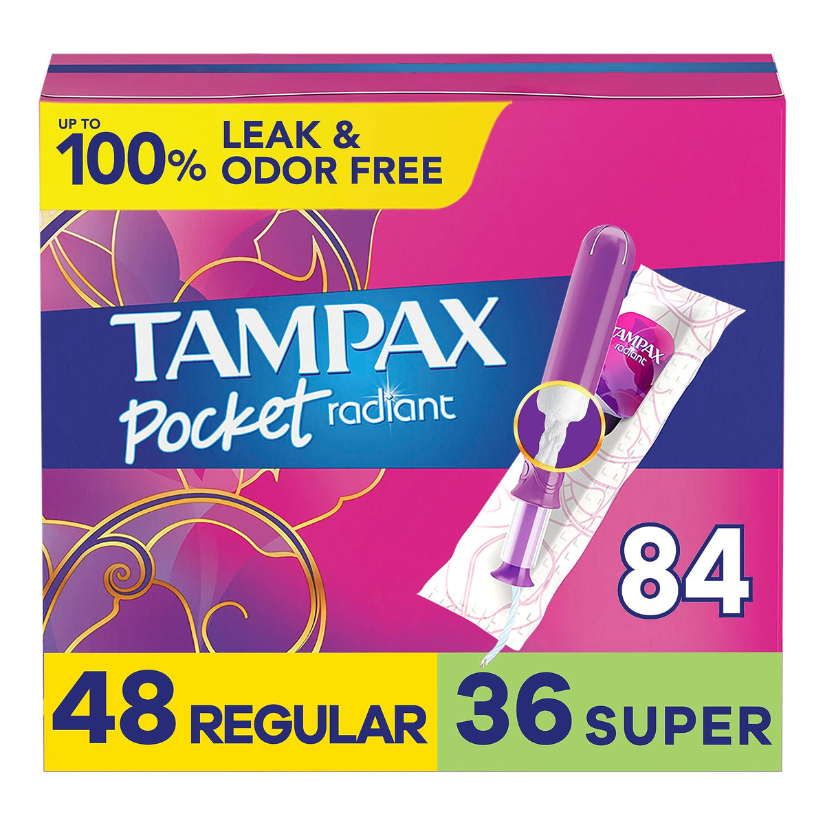 Tampax Compact Radiant Tampons Multipack, with LeakGuard Braid & Extendable Applicator, Regular/Super Absorbency, Unscented, 84 Count (3 Packs of 28)