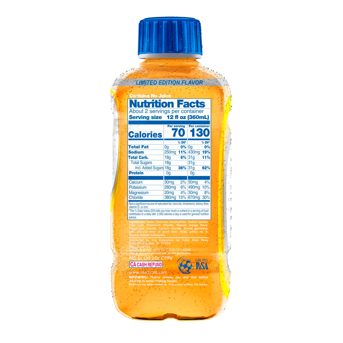 Electrolit, Electrolyte Beverage, Mango, 21 Fl Oz bottle (Pack of 12)