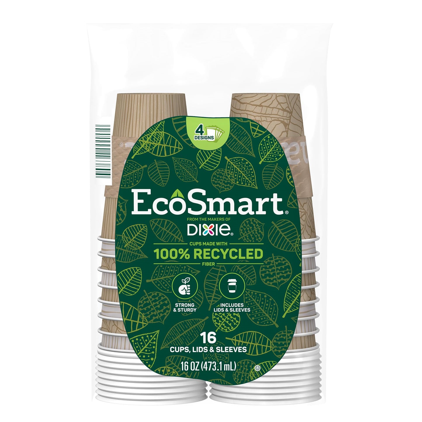Dixie EcoSmart 100% Recycled Fiber Paper Coffee Cups With Lids, 16 Oz, 96 Count (Pack of 6), Large Paper Coffee Cups For Hot Beverages