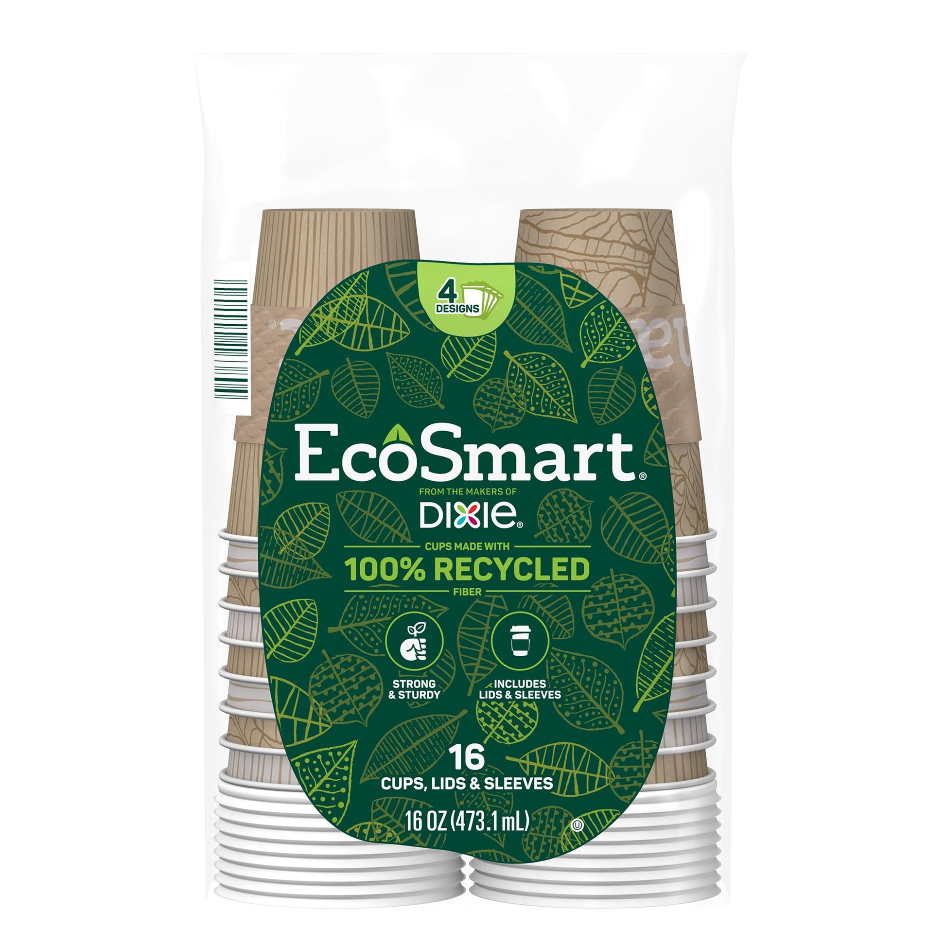 Dixie EcoSmart 100% Recycled Fiber Paper Coffee Cups With Lids, 16 Oz, 96 Count (Pack of 6), Large Paper Coffee Cups For Hot Beverages
