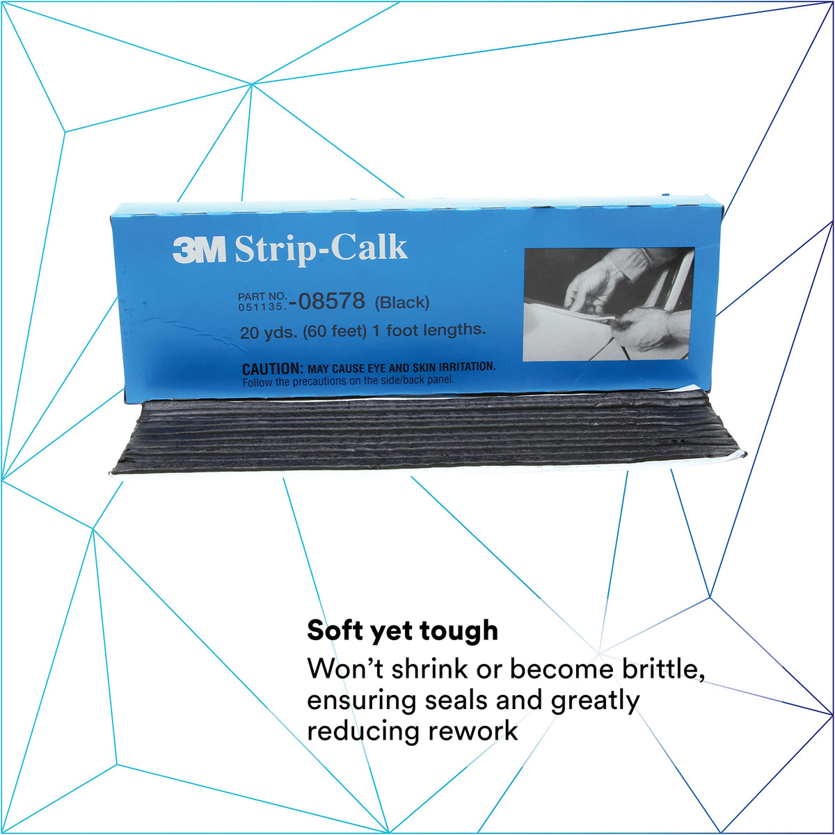 3M Strip Calk, 08578, 1 ft Strips, Black, Soft Butyl Rubber, Permanent Elasticity, Joint Filling, Trunk Seams, 60 Pack