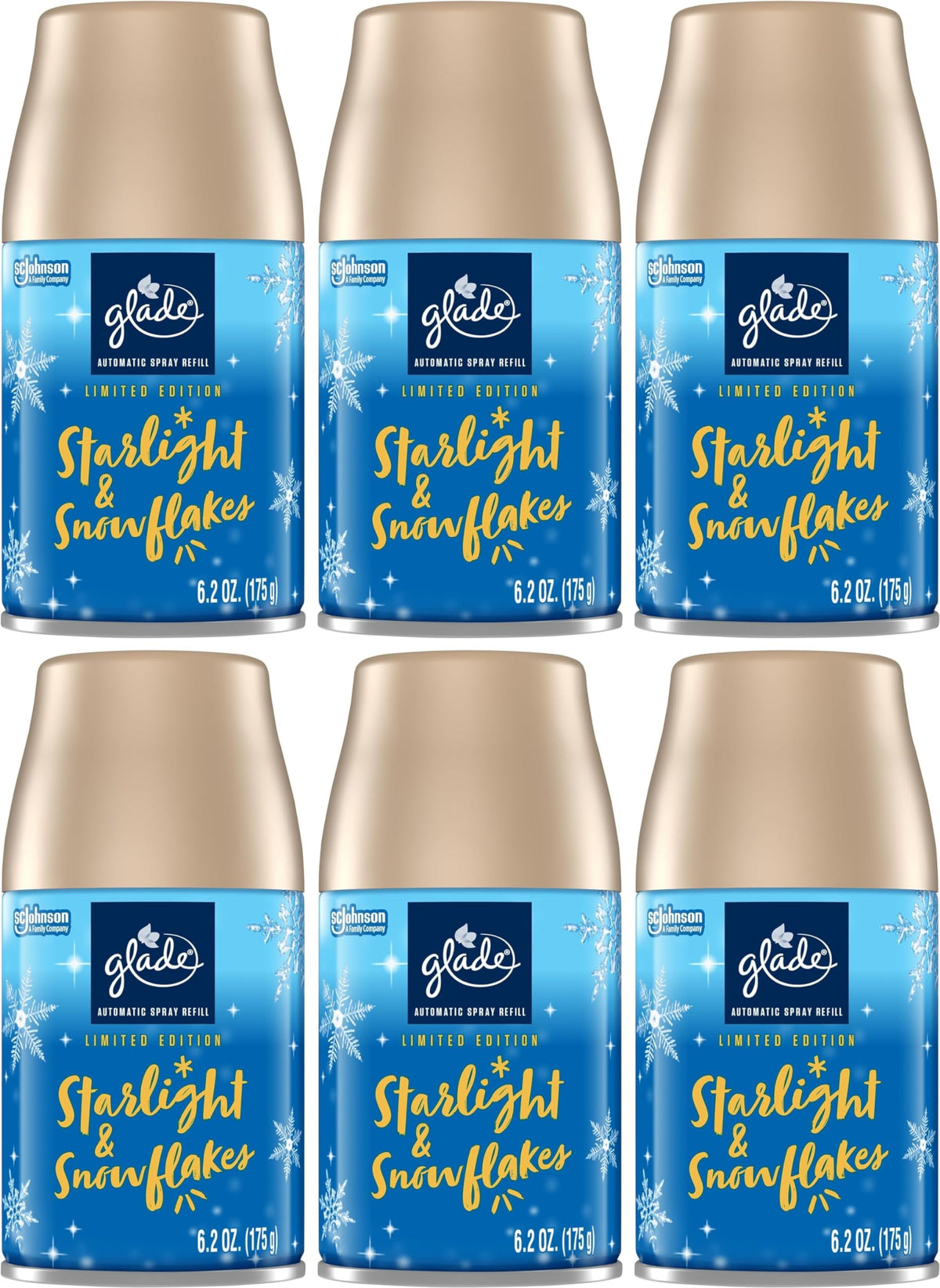 Glade Automatic Spray Refill, Air Freshener for Home and Bathroom, Starlight & Snowflakes, 6.2 Oz (Pack of 6)