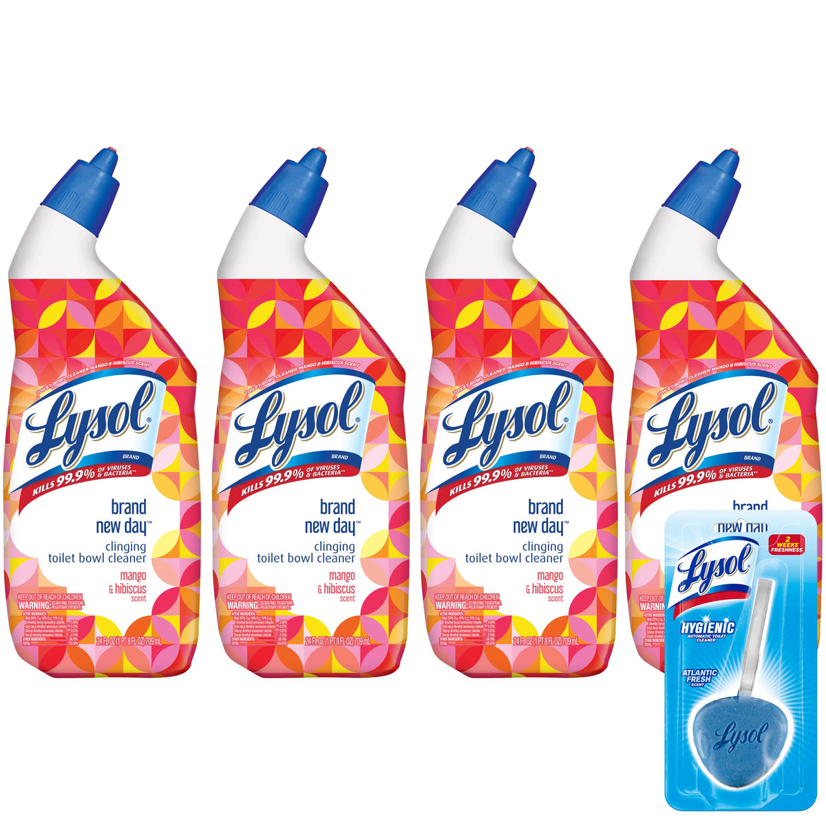 Lysol Toilet Bowl Cleaner Gel, For Cleaning and Disinfecting, Stain Removal, Mango and Hibiscus, 24 Oz (Pack of 4) - With 1ct Auto In-The-Bowl Toilet Cleaner, Ocean Fresh