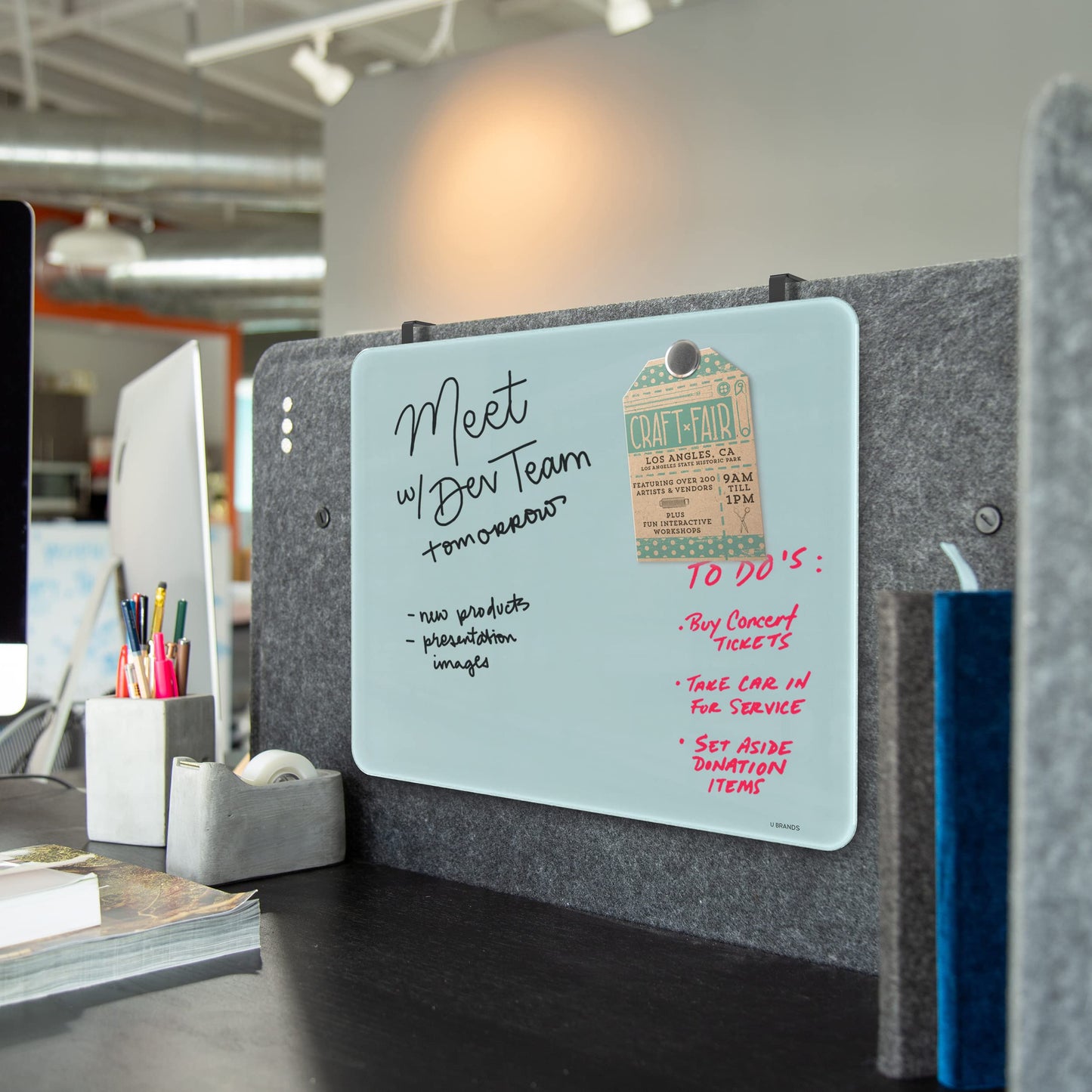 U Brands Magnetic Cubicle/Wall Glass Dry-Erase Board, 20 X 16 Inches, White Frosted Surface, Frameless