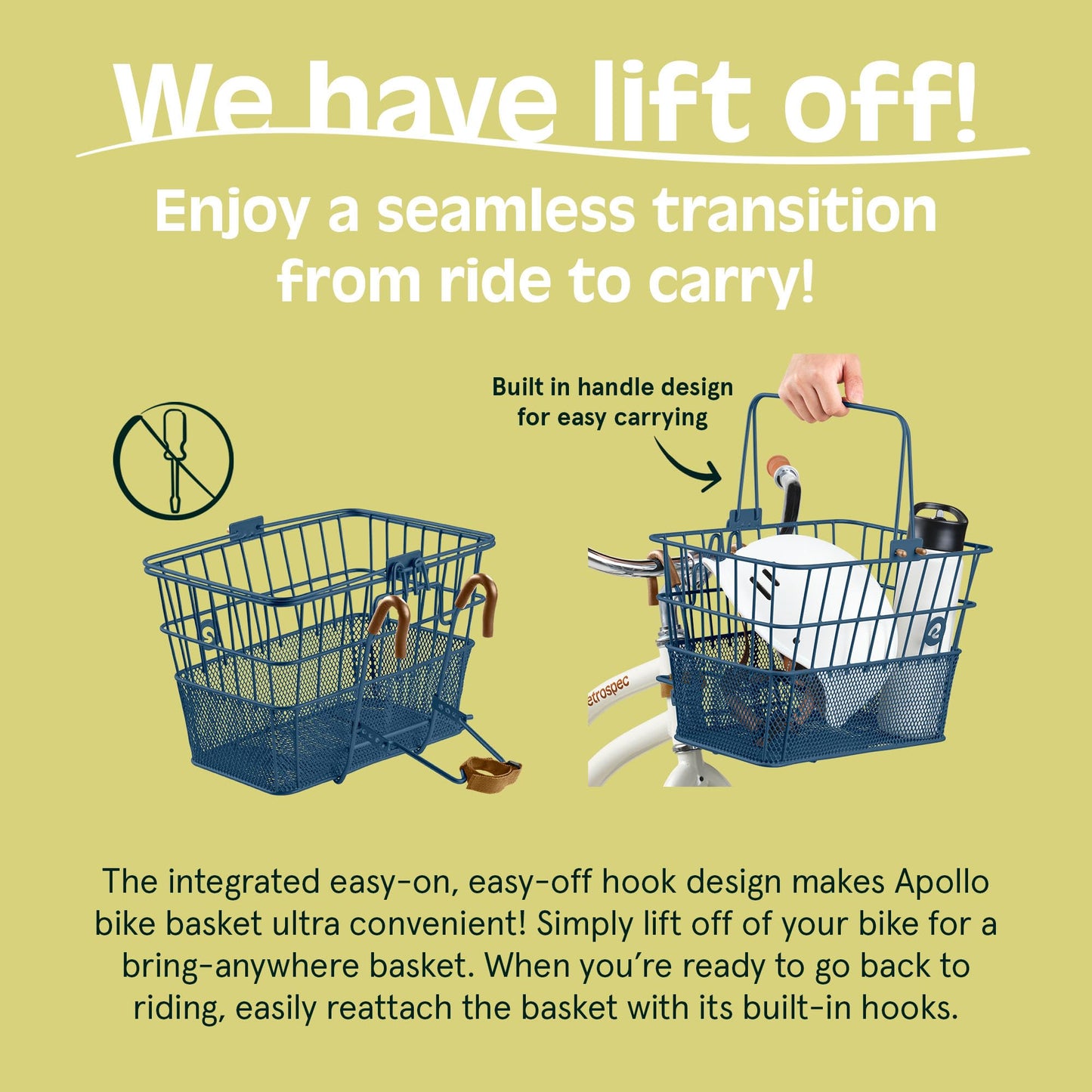 Retrospec Apollo Detachable Front Bike Basket Steel Half-Mesh with Integrated Detachable Hooks and Built-in Handle, Easy Assembly and Portability for Bicycles, Navy