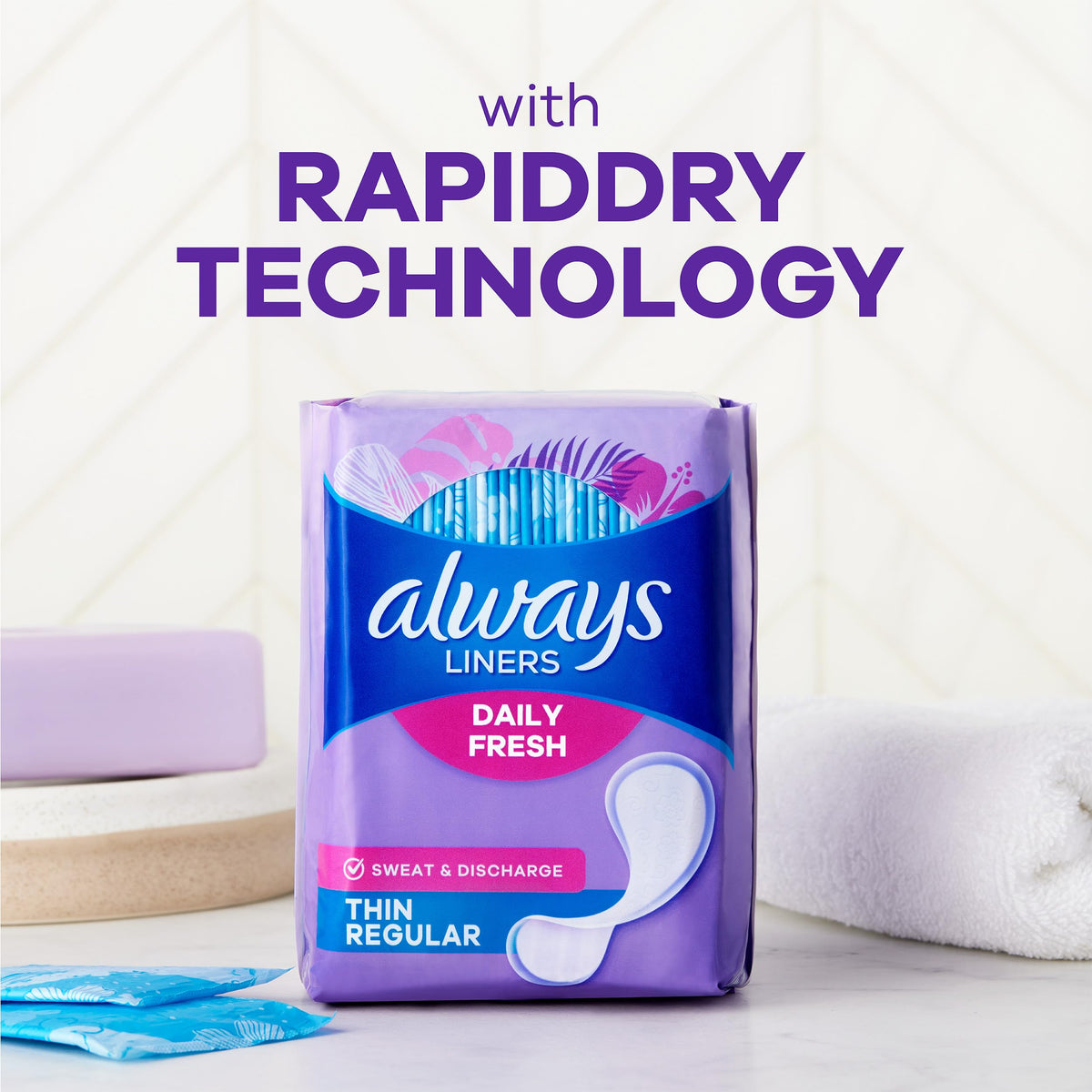 Always Daily Fresh Thin Liners, Regular Absorbency, Unscented Panty Liners, 216 Count