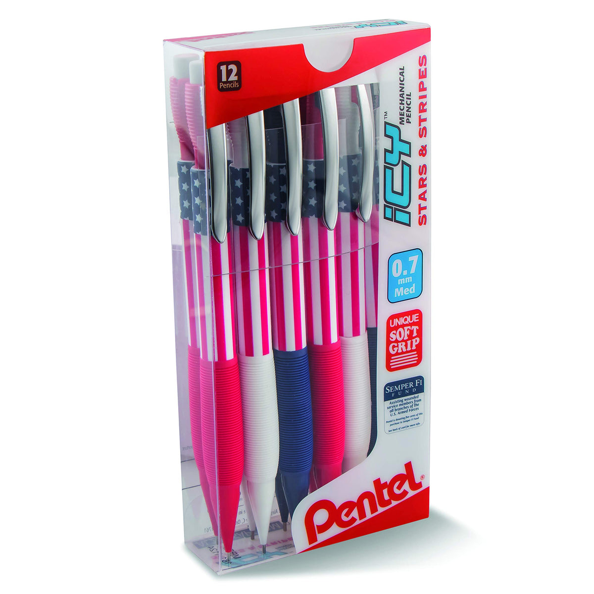 Pentel Icy Mechanical Pencil, (0.7mm) Medium Line, Flag Barrel, Assorted Grips (B/C/W) Clear Dozen Box
