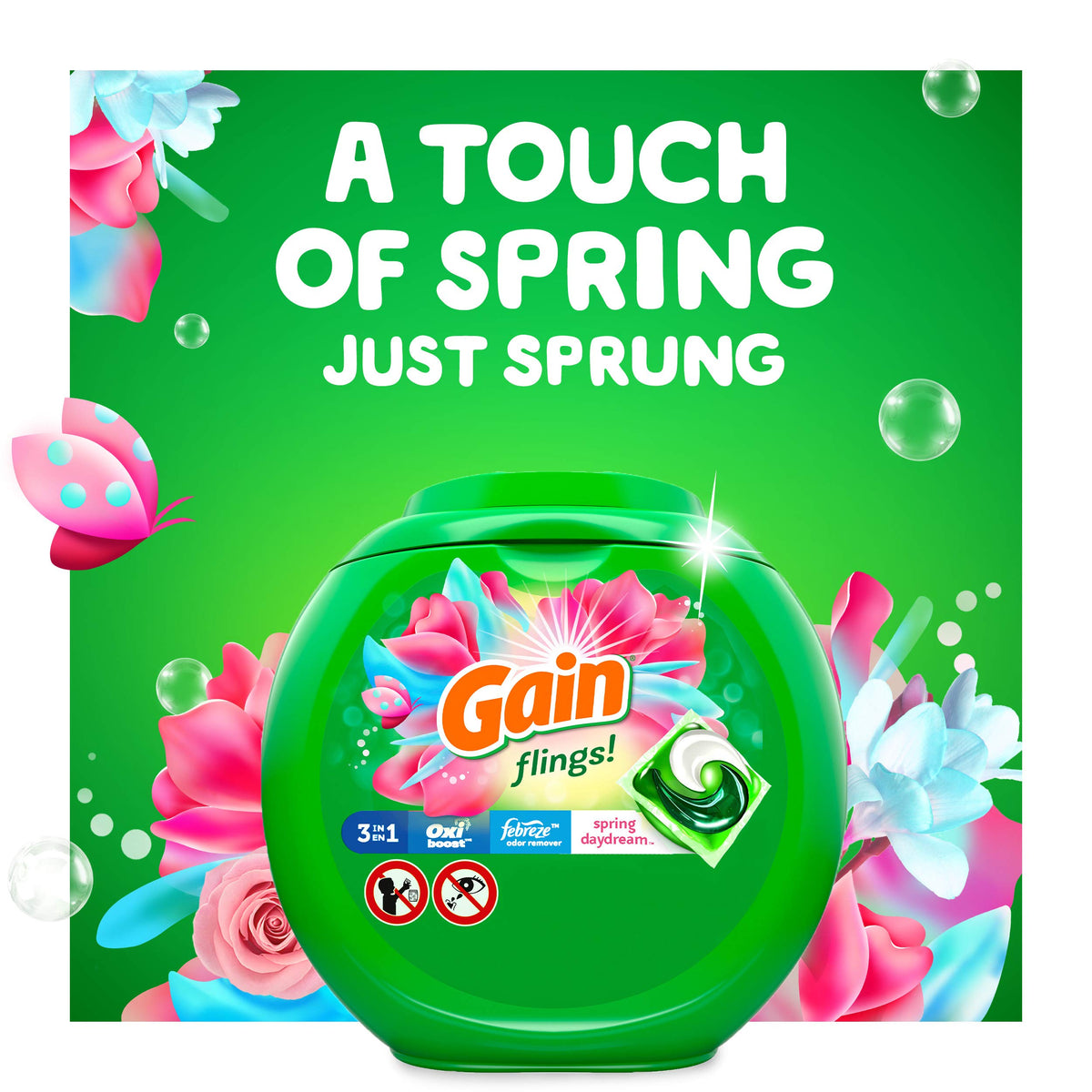 GAIN Flings Liquid Laundry Detergent Pacs, Spring Daydream Scent, He Compatible, 96 Count