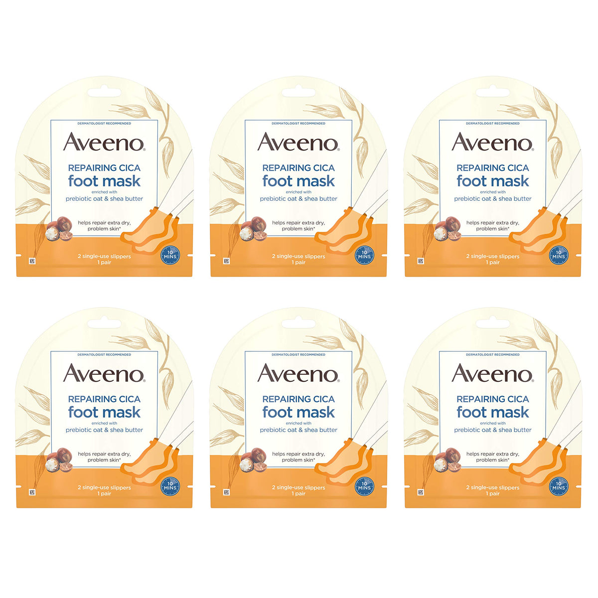 Aveeno Repairing CICA Foot Mask with Prebiotic Oat and Shea Butter, Moisturizing Foot Mask for Extra Dry Skin, 6 Pairs of Single-Use Slippers