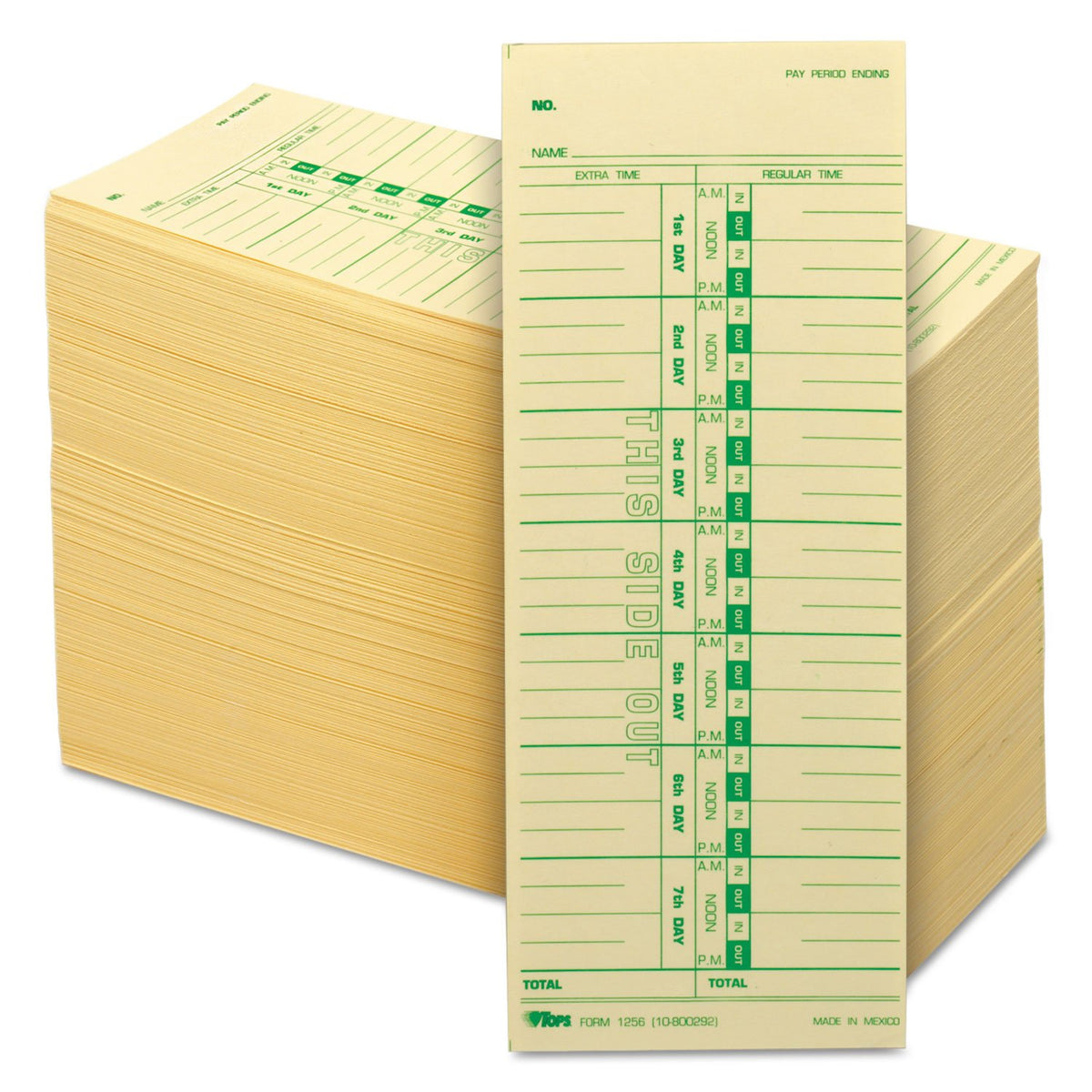TOPS Time Cards, Weekly, 1-Sided, Numbered Days, 3-1/2" x 9", Manila, Green Print, 500-Count (1256)
