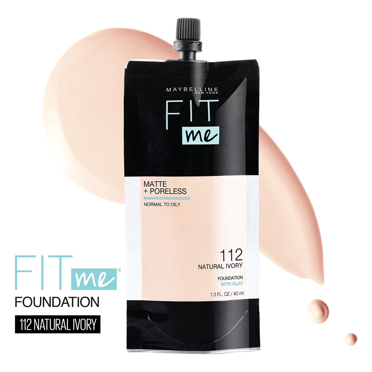 Maybelline New York Fit Me Matte + Poreless Liquid Foundation, Pouch Format, 112 Natural Ivory, 1.3 Ounce