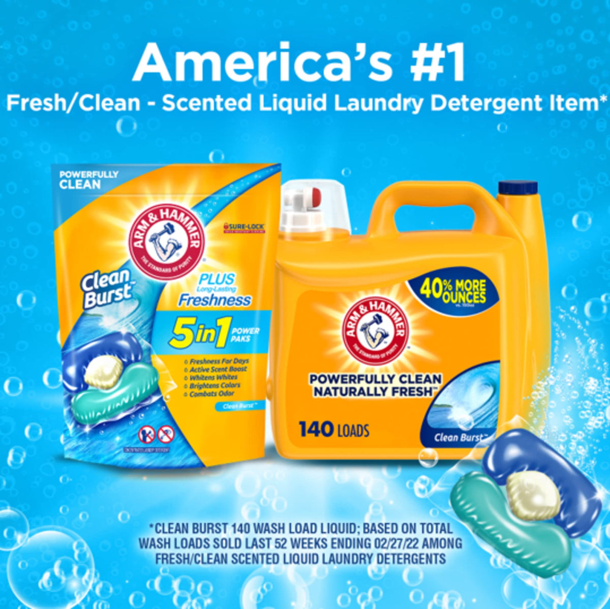 Arm & Hammer Clean Burst 5-In-1 Laundry Detergent Power Paks, 42 Count x 4 Pack