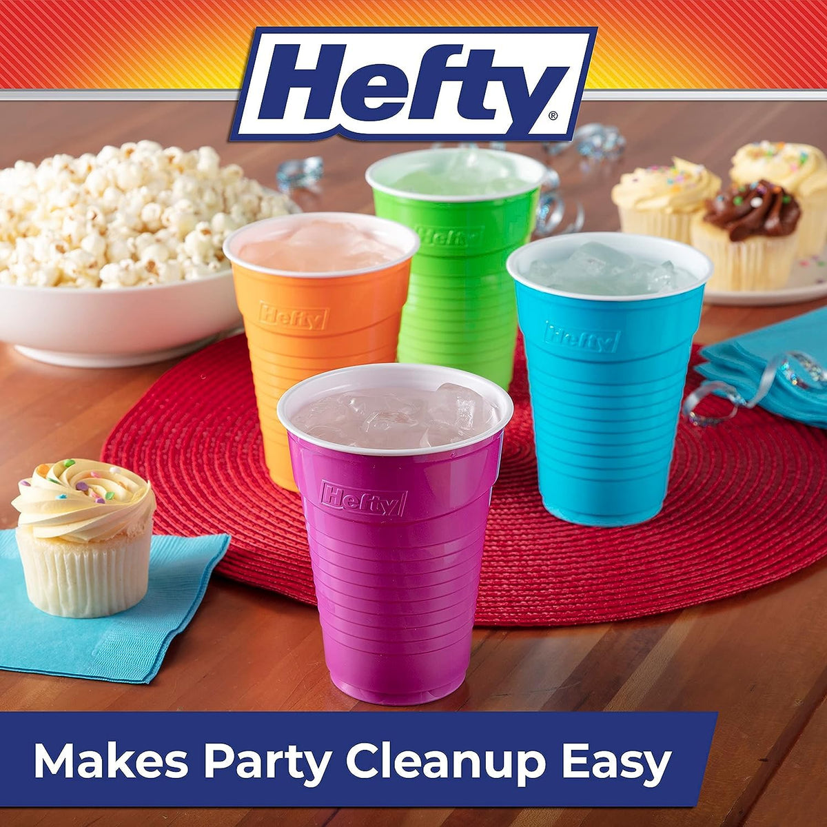 Hefty Party On Disposable Plastic Cups, Assorted, 16 Ounce 100 Count (Pack of 6)