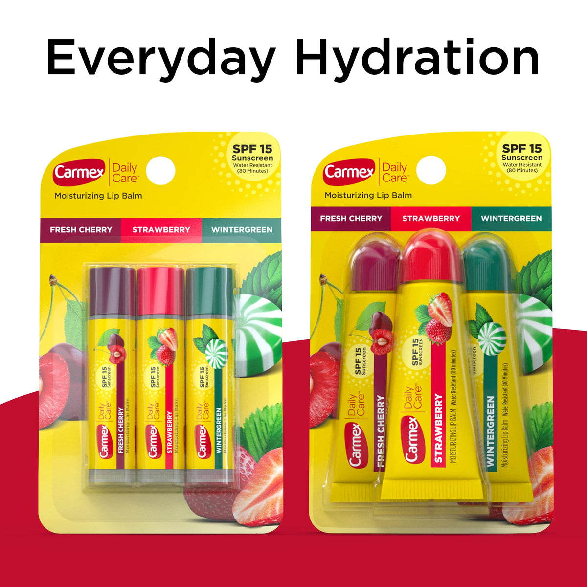 Carmex Daily Care Moisturizing Lip Balm with Sunscreen, Variety Pack in Fresh Cherry, Strawberry and Wintergreen, 0.35 OZ - 3 Count Packs