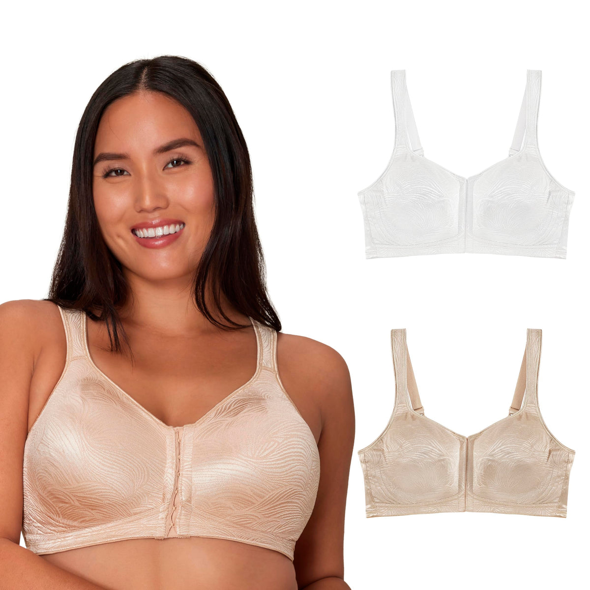 Playtex Womens 18 Hour Extra Back Support Front Close Wireless Use52e with 2-Pack Option Bra, White/Nude (2 Pack), 42DD US