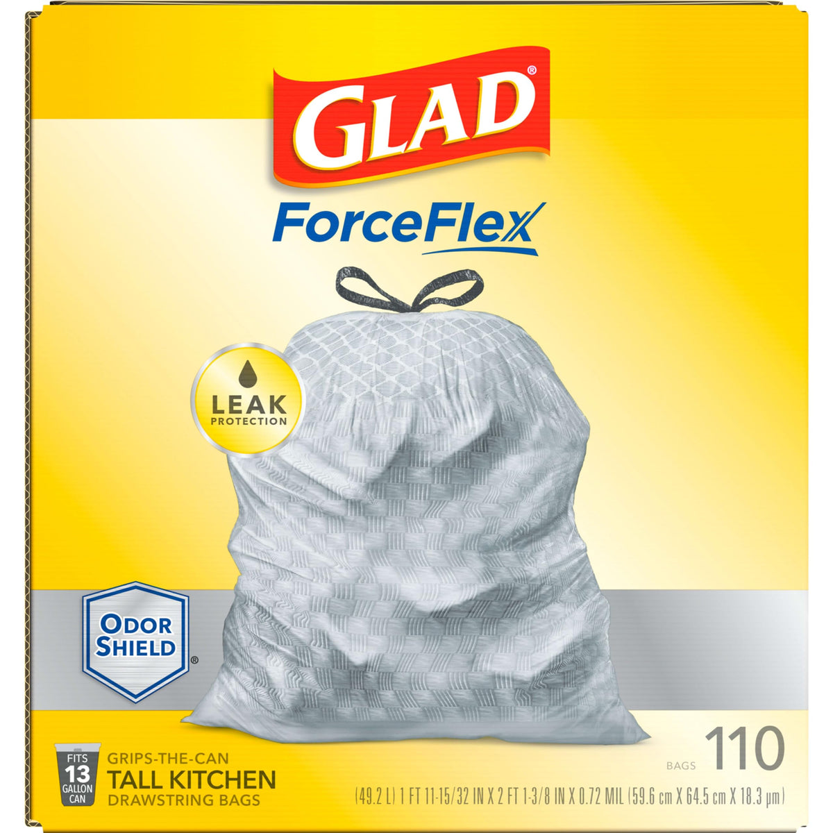 Glad ForceFlex Tall Kitchen Drawstring Trash Bags 13 Gallon Grey Trash Bag, Unscented 110 Count (Package May Vary)