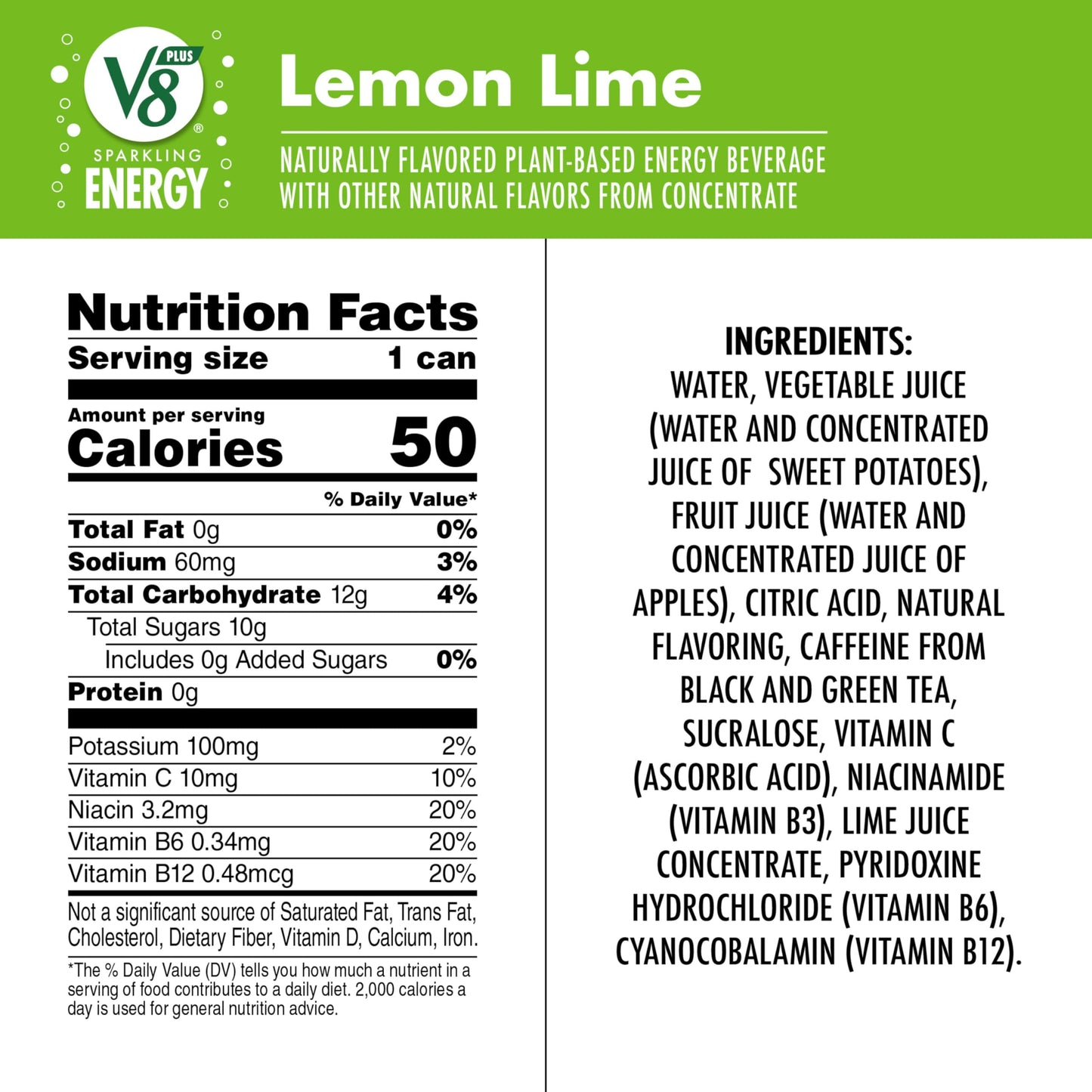 V8 +Energy Sparkling Lemon Lime Juice Energy Drink, 11.5 fl oz Can