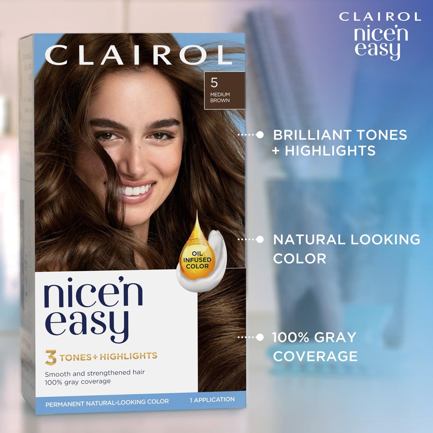 Clairol Nice'n Easy Permanent Hair Dye, 5N Medium Neutral Brown Hair Color, Pack of 3