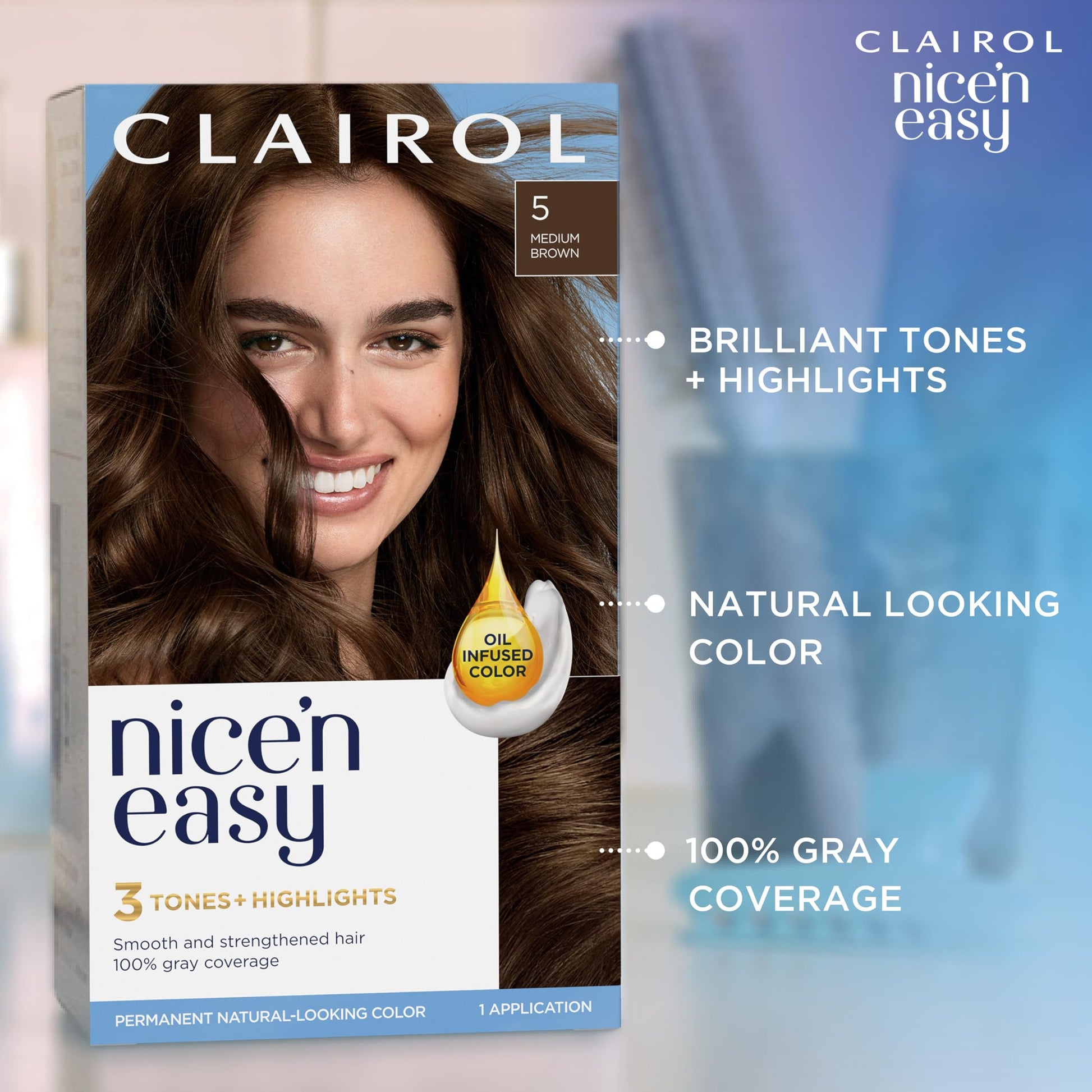 Clairol Nice'n Easy Permanent Hair Dye, 5N Medium Neutral Brown Hair Color, Pack of 3