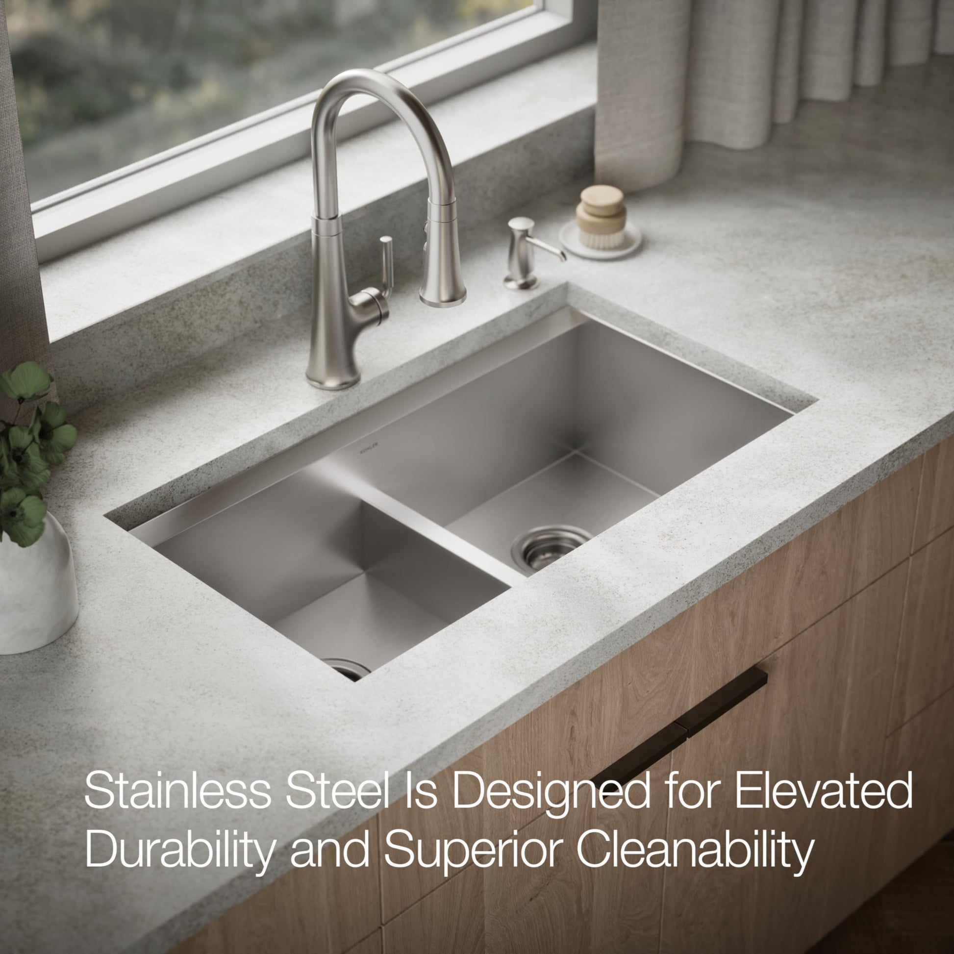 KOHLER Task Smart Divide 33" Top-/Undermount Double-Bowl Workstation Kitchen Sink, Includes Accessories, Stainless Steel, 2 Faucet Holes, K-80085-2PC-NA