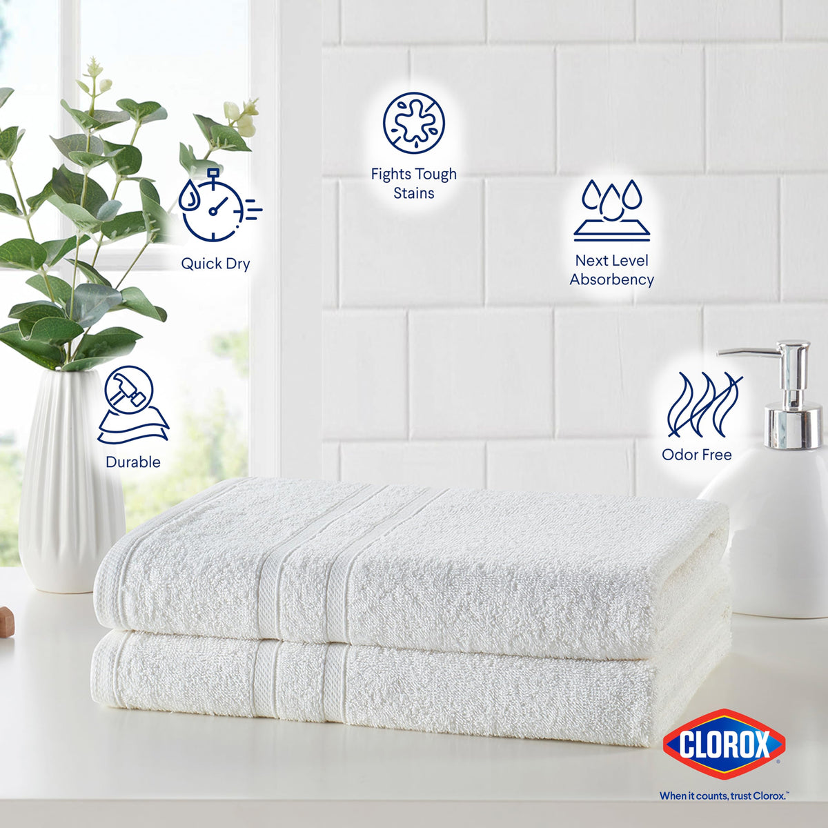 CLOROX Bleach Friendly Towels, Quick Dry, 100% Cotton Bath Towels (30" x 52"), Highly Absorbent Soft Lightweight, Ideal for Everyday Use, Easy to Wash(2 Pack, White)