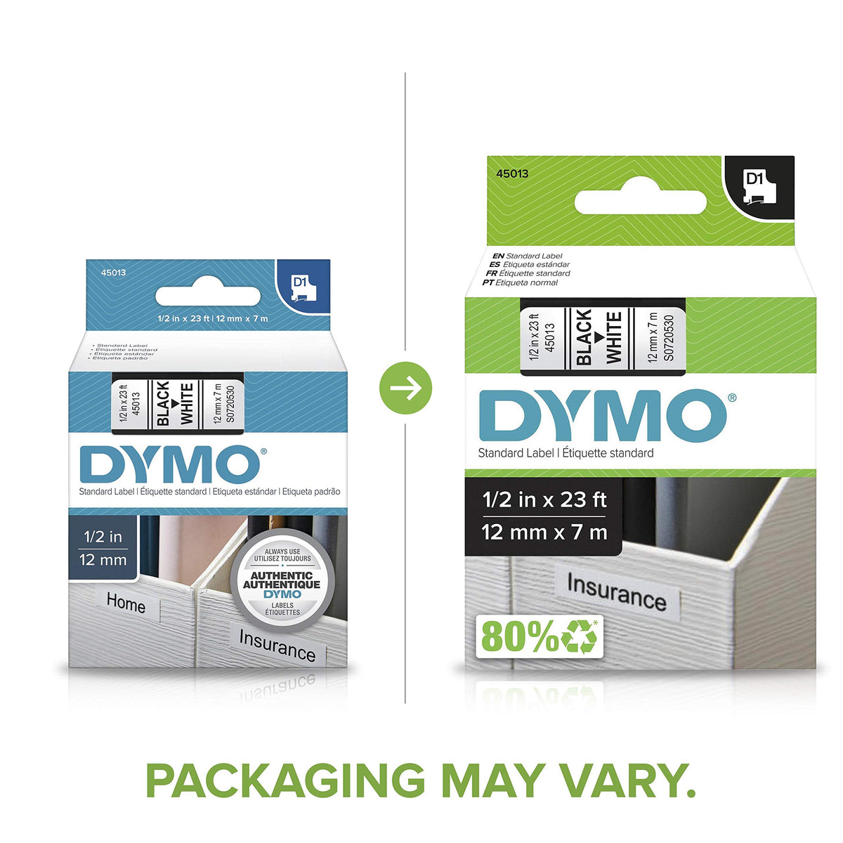 DYMO D1 Labels 1/2-Inch x 23-Foot Roll Black Print on White Self-Adhesive For LabelManager Label Makers