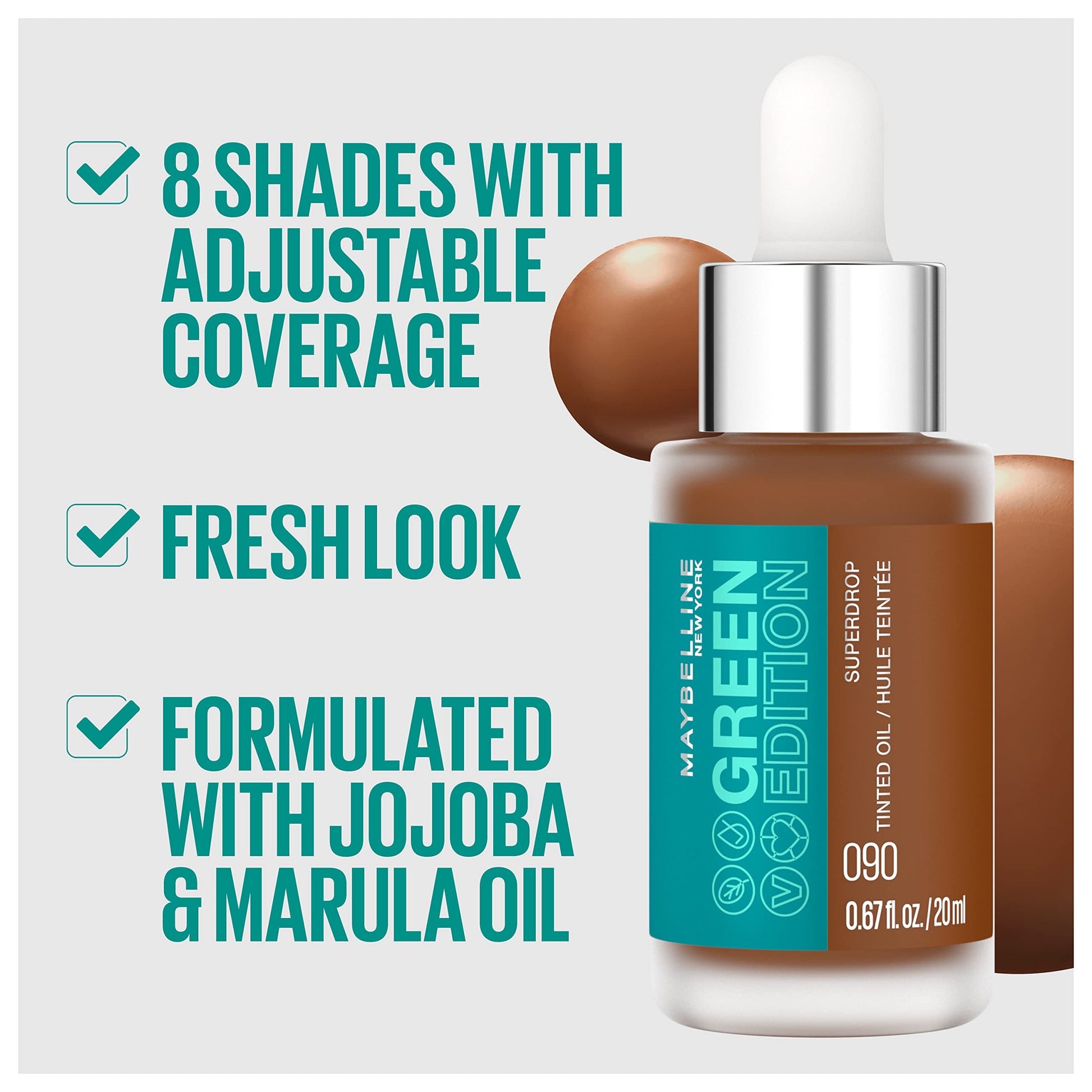 Maybelline Green Edition Superdrop Tinted Oil Base Makeup, Adjustable Natural Coverage Foundation Formulated With Jojoba & Marula Oil, 80, 1 Count