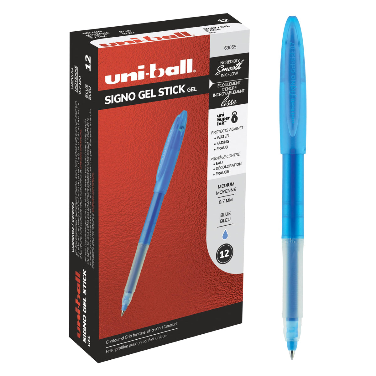 uniball Signo Gel Pen, Stick, Medium 0.7mm, Blue Ink, Blue Barrel, Dozen
