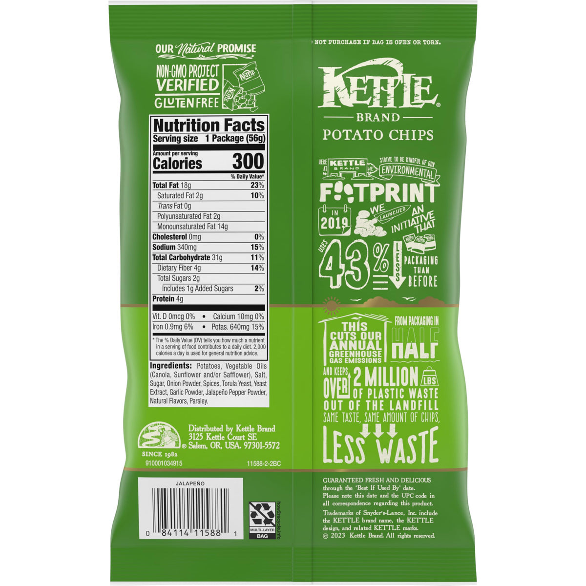 Kettle Brand Potato Chips, Jalapeno Kettle Chips, Snack Bag, 2 Oz (Pack of 6)