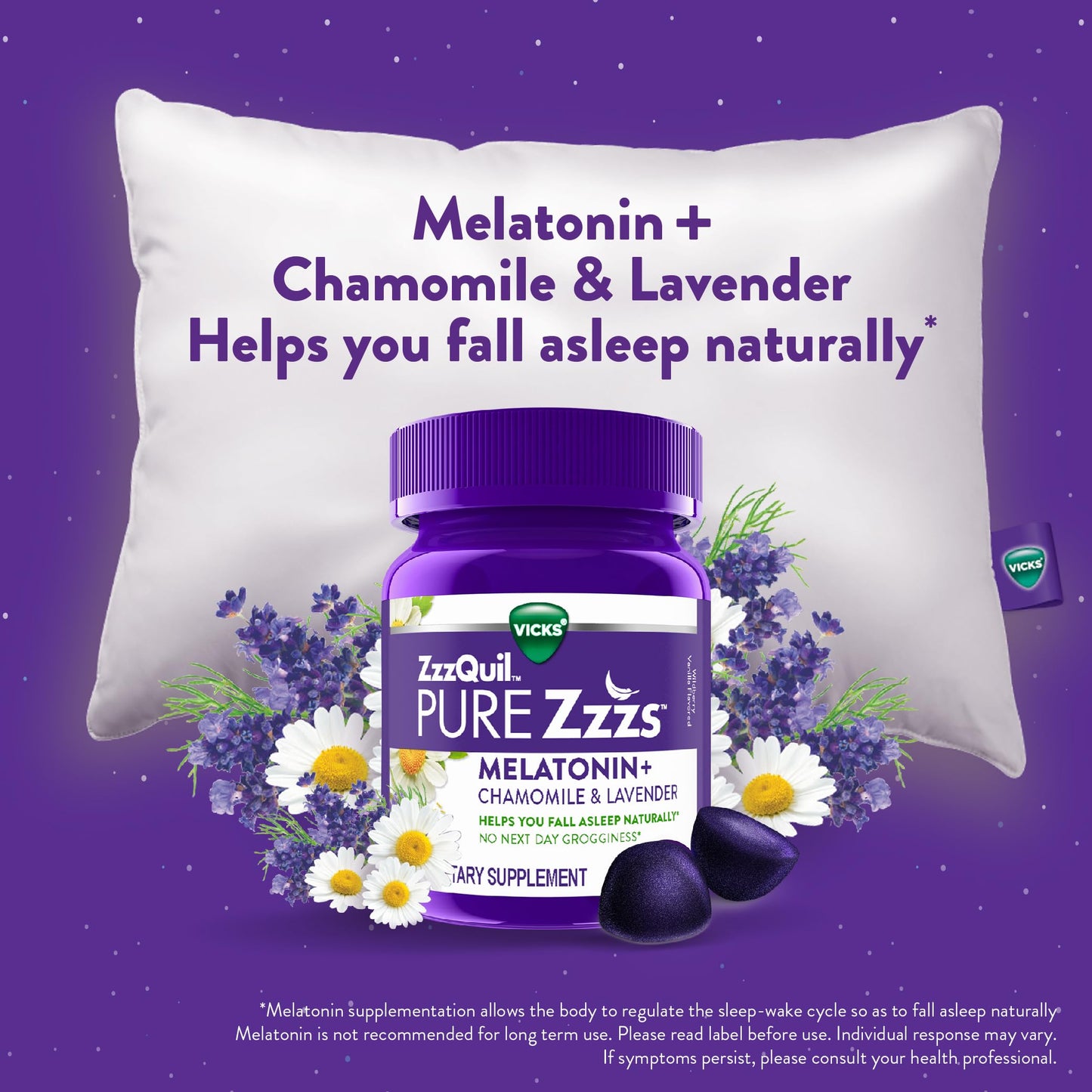 ZzzQuil PURE Zzzs Melatonin Sleep Aid Gummies, Helps You Fall Asleep Naturally, Wildberry Vanilla Flavor, Chamomile Lavender & Valerian Root, 1mg per gummy, 24 Count