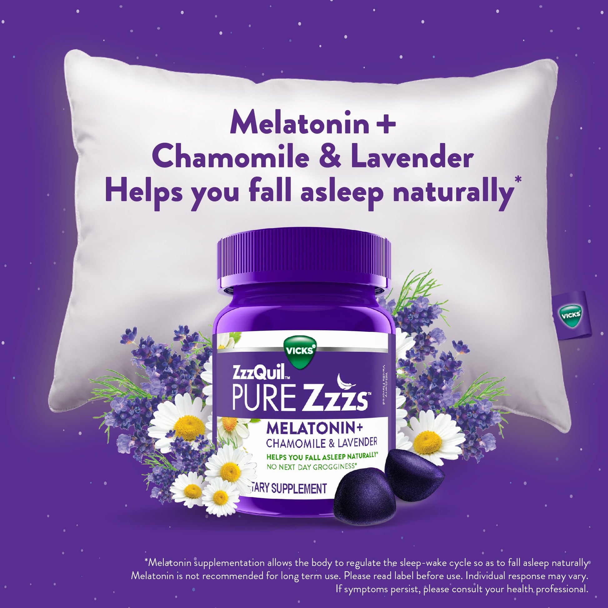 ZzzQuil PURE Zzzs Melatonin Sleep Aid Gummies, Helps You Fall Asleep Naturally, Wildberry Vanilla Flavor, Chamomile Lavender & Valerian Root, 1mg per gummy, 24 Count