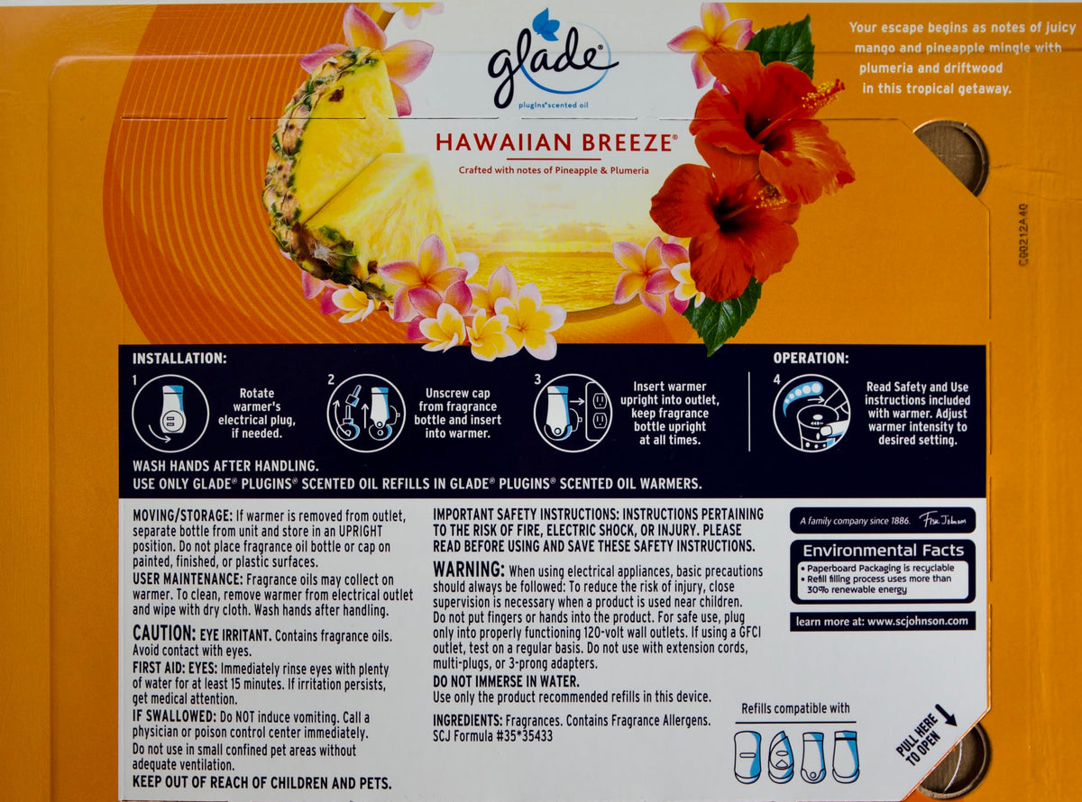 Glade Plugins Scented Oil Hawaiian Breeze, 9 Refills + 1 Warmer, Orange
