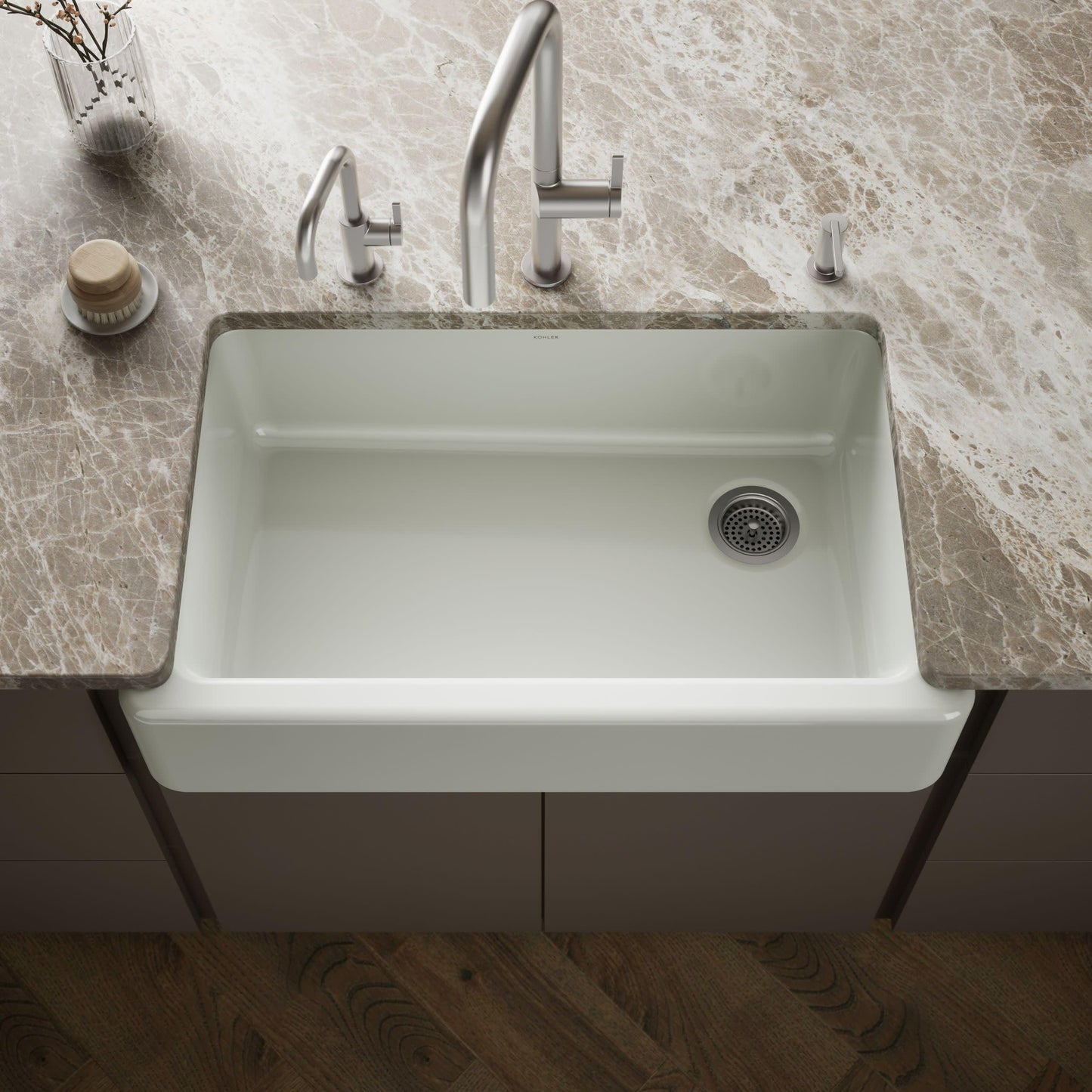 KOHLER K-6489-FF Whitehaven Farmhouse Self-Trimming Apron Front Single Basin Sink with Tall Apron, Sea Salt
