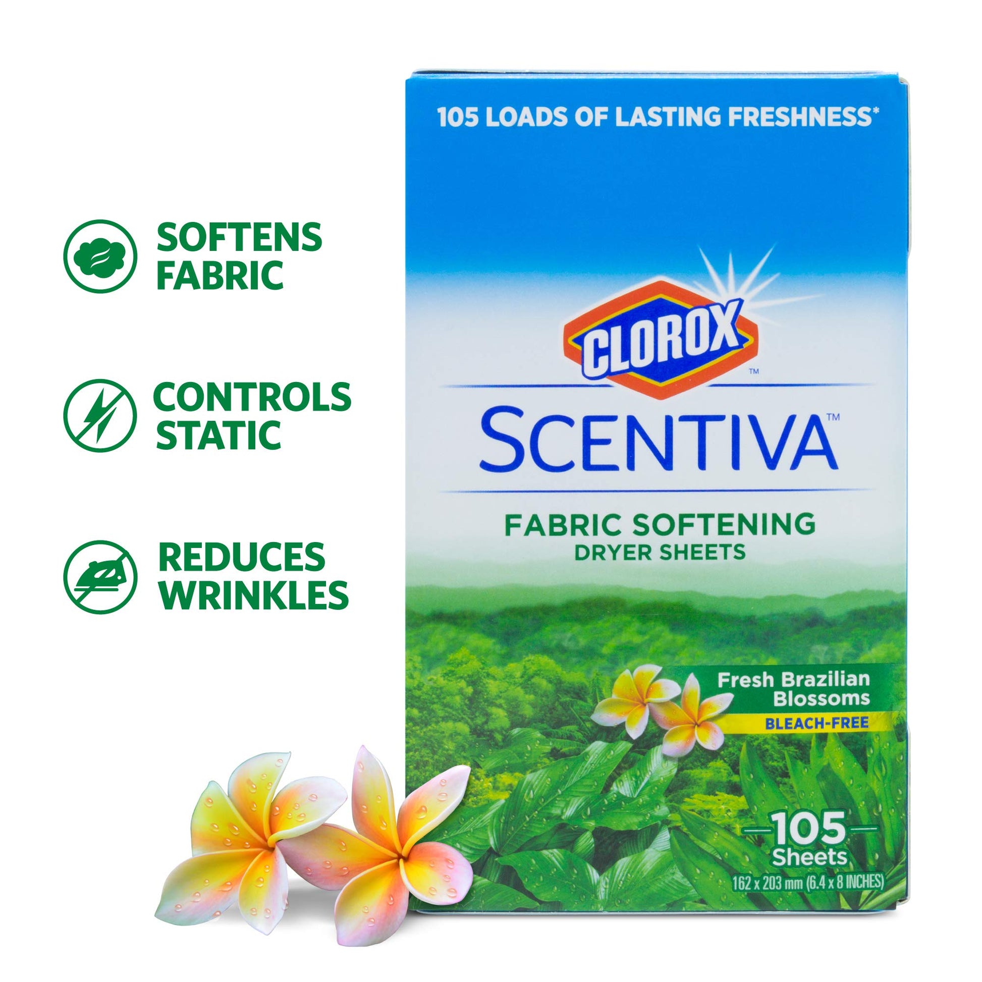 Clorox Scentiva Fabric Softener Dryer Sheets, Fresh Brazilian Blossoms Scent - Wrinkle Reducing Scented Softening Laundry Dryer Sheets for Great Smelling Clothes, 105 Count