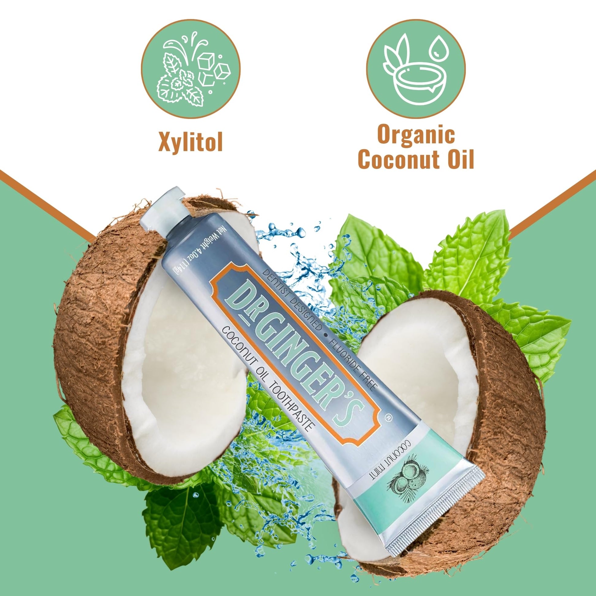 Dr. Ginger's Coconut Oil Fluoride Free Toothpaste for Sensitive Teeth and Gums - Mint Flavor, 4oz 2pcs - All-Natural Whitening Toothpaste with Xylitol, Freshens Breath and Reduces Plaque
