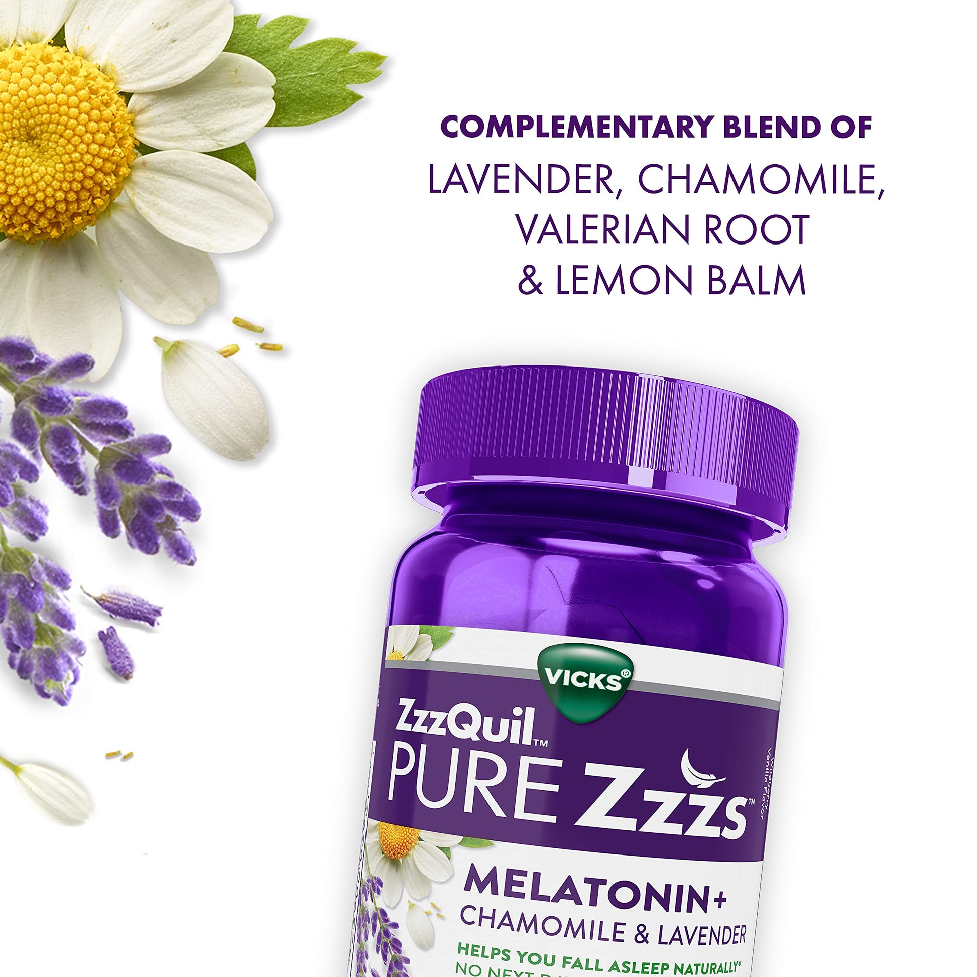 ZzzQuil Pure Zzzs Melatonin Sleep Aid Gummies, Helps You Fall Asleep Naturally, Wildberry Vanilla Flavored, Chamomile Lavender & Valerian Root, 1mg per Gummy, 48 Count