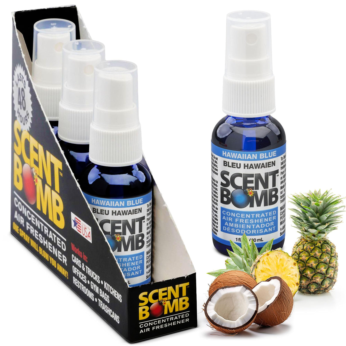 Scent Bomb Air Freshener Spray, Long-Lasting Odor Eliminator - Effective Deodorizer for Home & Car, Fresh Room Spray for Kitchen, Bathroom & Smell Neutralizer - 1 oz Pack of 4, Hawaiian Blue Scent