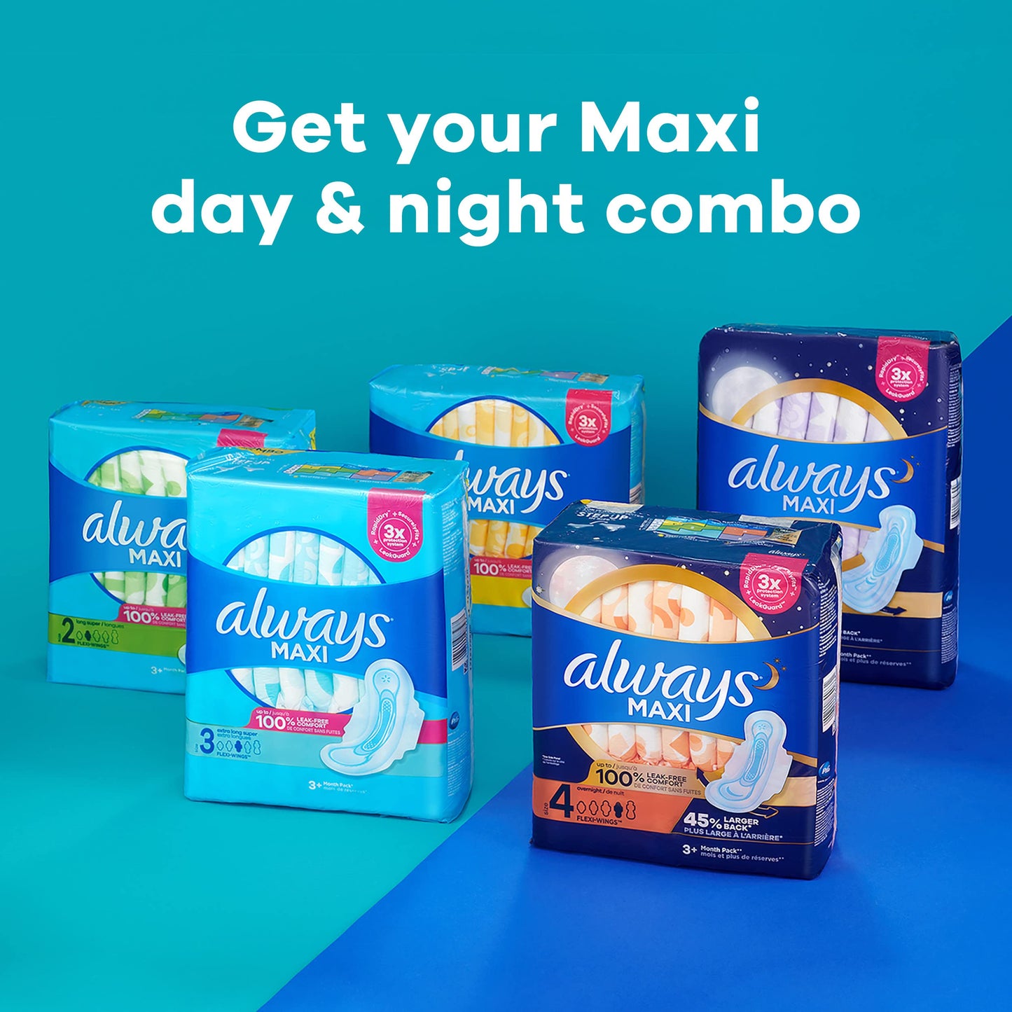 Always Maxi Feminine Pads for Women, Size 2 Long Super Absorbency, Multipack, with Wings, Unscented, 60 Count x 3 Packs (180 Count total)