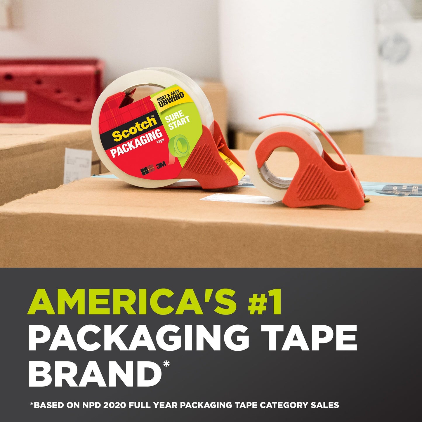 Scotch Sure Start Shipping Packaging Tape, 1.88" x 25 yd, Designed for Packing, Shipping and Mailing, Quiet Unwind, No Splitting or Tearing, 1.5" Core, Clear, 2 Rolls (DP-1000-RR-2)
