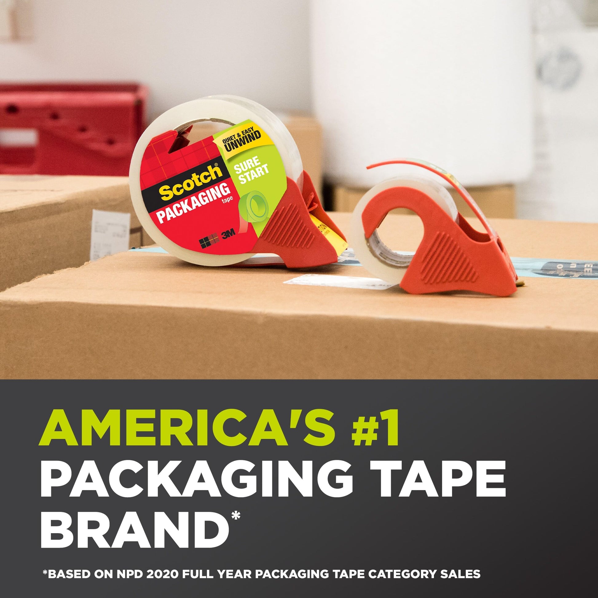 Scotch Sure Start Shipping Packaging Tape, 1.88" x 25 yd, Designed for Packing, Shipping and Mailing, Quiet Unwind, No Splitting or Tearing, 1.5" Core, Clear, 2 Rolls (DP-1000-RR-2)