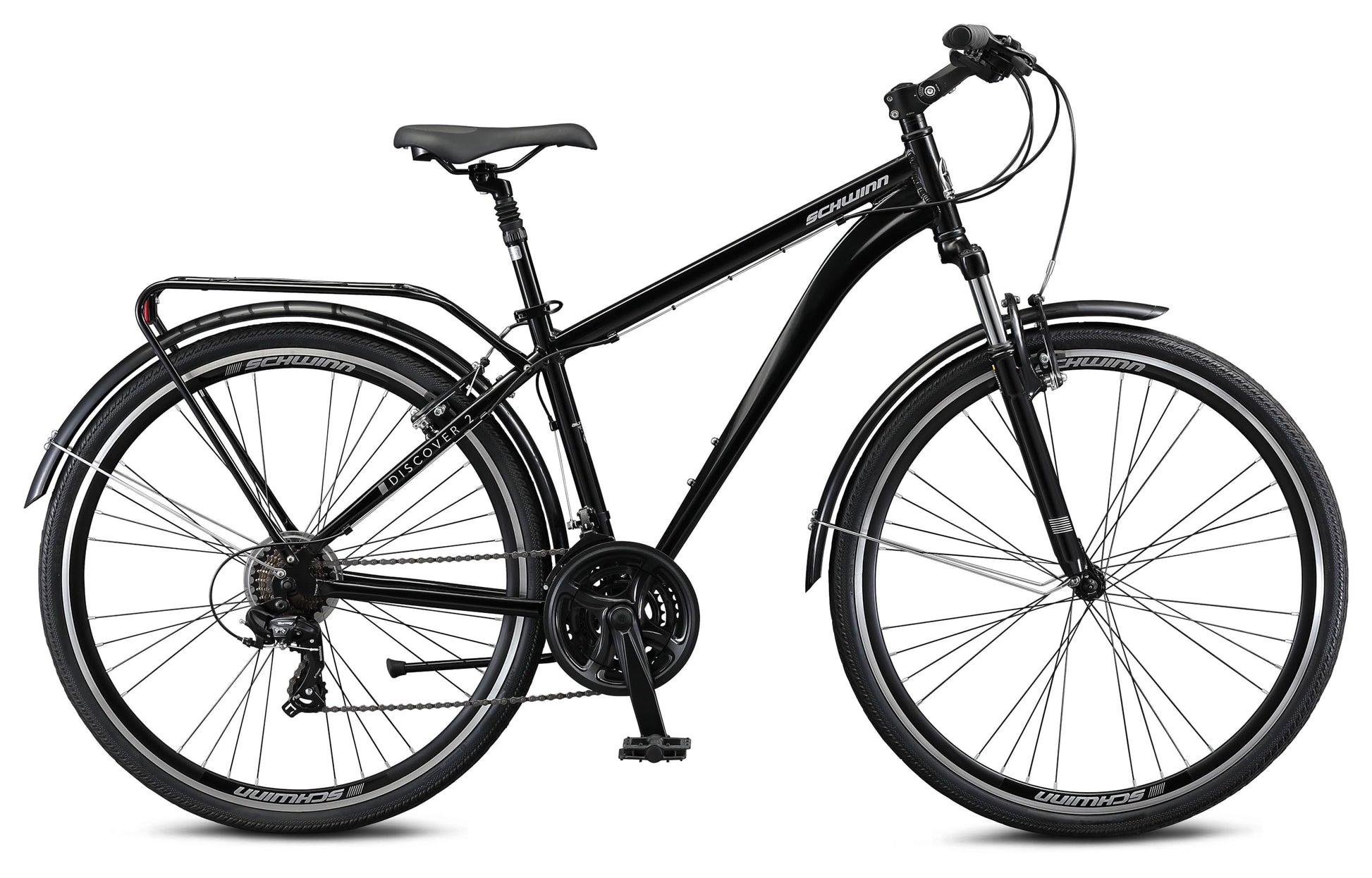 Schwinn Discover 2 Adult Hybrid Bike for Men and Women, 700c Wheels, 21-Speeds, 17-Inch Step-Over Frame, Front and Rear Fenders, Rear Cargo Rack, Black