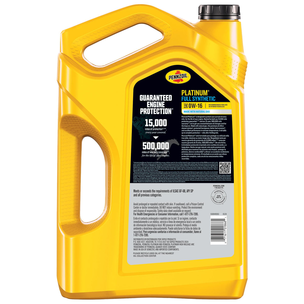 Pennzoil Platinum Full Synthetic 0W-16 Motor Oil, 5 Quart