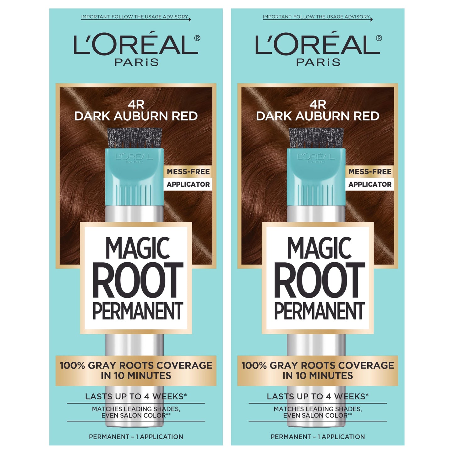 L'Oreal Paris Magic Root Permanent Hair Color, 10 Minute Hair Dye Kit to Rescue Roots with 100% Gray Hair Coverage, 4R Dark Auburn Red, 2 Pack (Packaging May Vary)