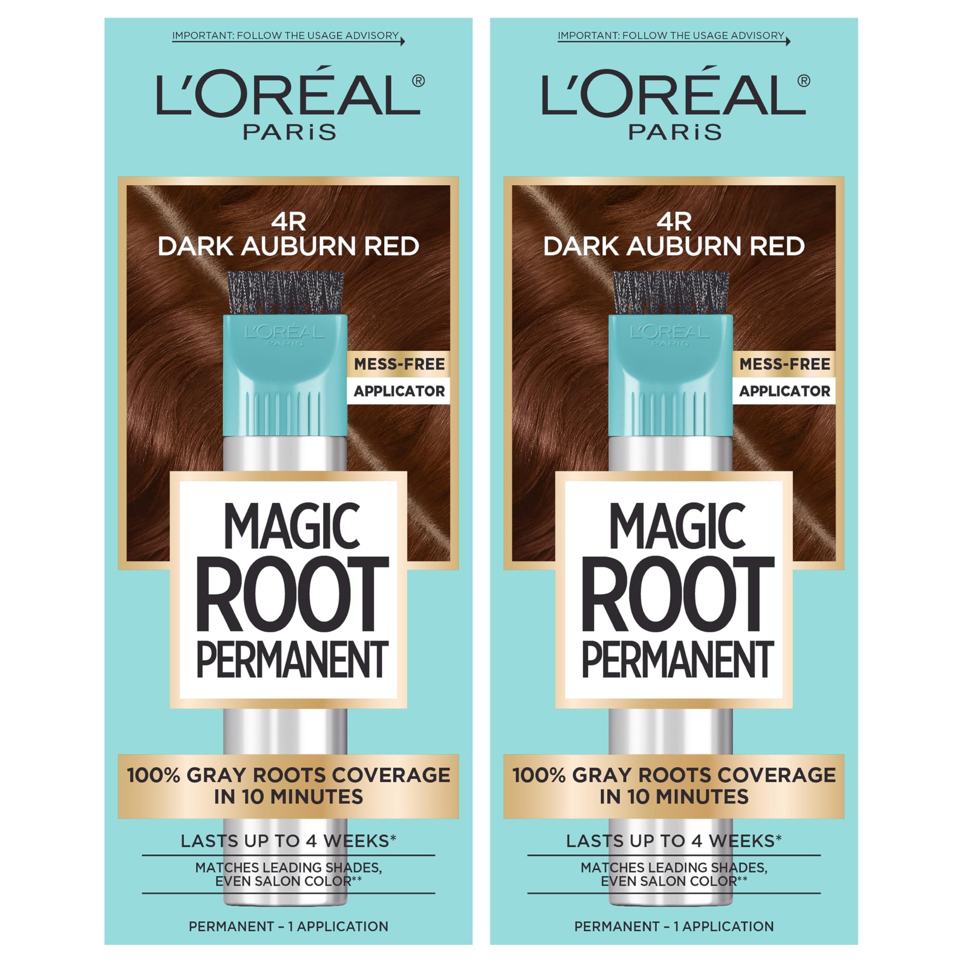 L'Oreal Paris Magic Root Permanent Hair Color, 10 Minute Hair Dye Kit to Rescue Roots with 100% Gray Hair Coverage, 4R Dark Auburn Red, 2 Pack (Packaging May Vary)