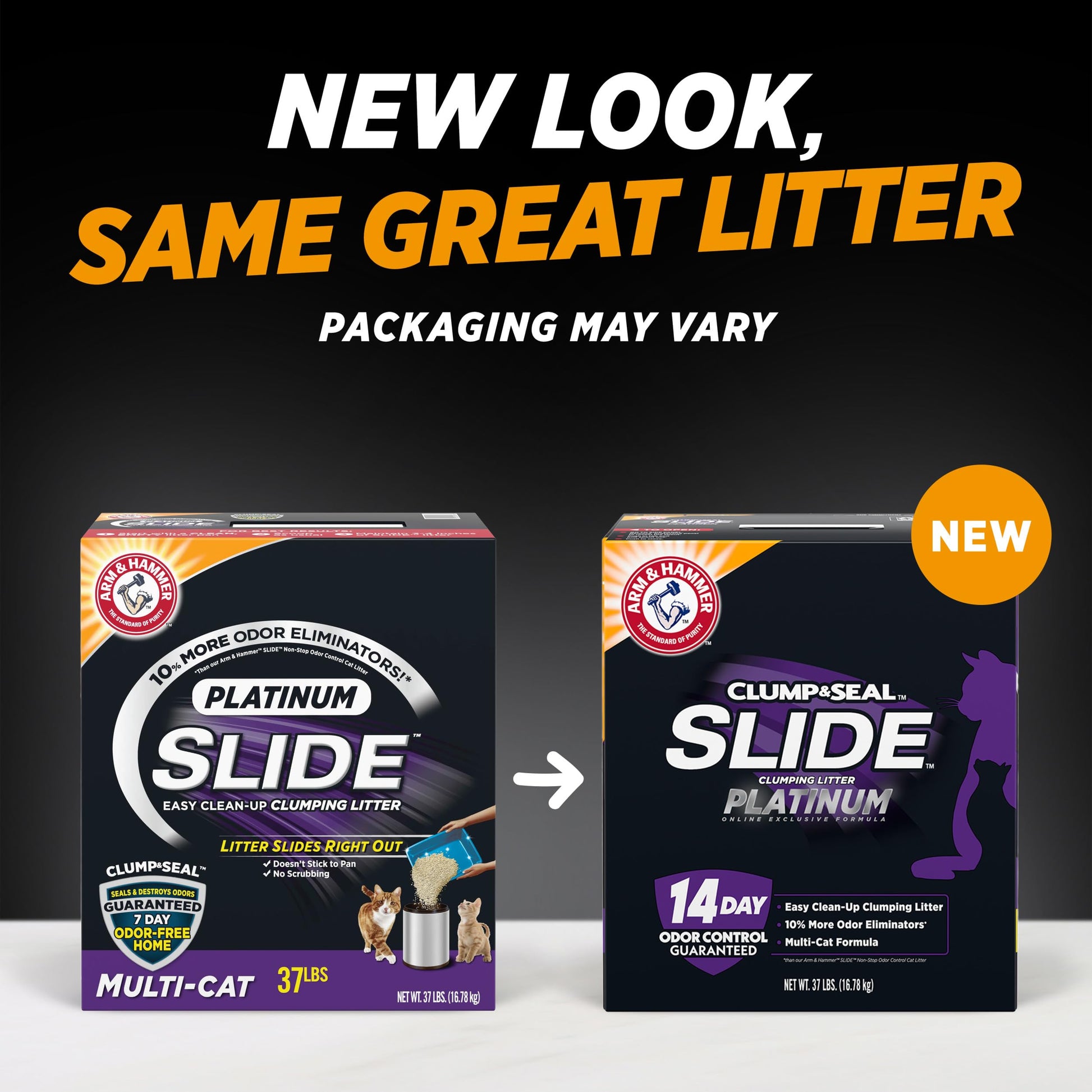 ARM & HAMMER Clump & Seal SLIDE Platinum Multi-Cat Clumping Cat Litter, 14-Day Odor Control, EZ Clean Technology, 37 lbs – No Scrubbing, Powerful Odor Eliminator