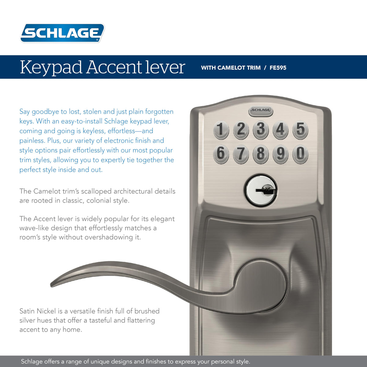 SCHLAGE FE595 CAM 505 16-234 10-027 Camelot by Accent Keypad Lever with Flex Lock, Bright Brass